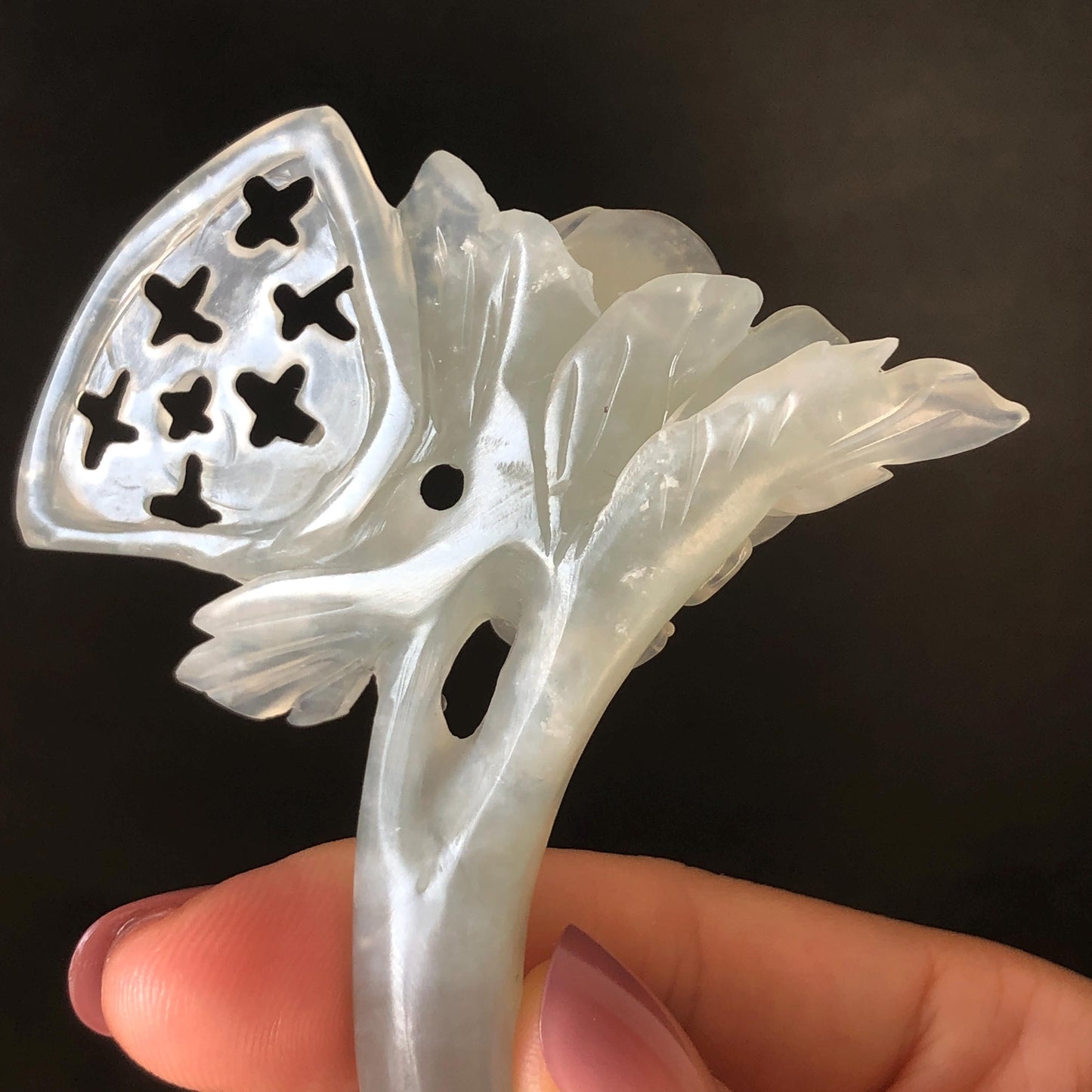 Xiu Jade Serpentine Hand Carved Grey Camellia Flower Crescent Moon Hair Pin | Certified Natural Gray Jade Hair Stick | Chinese Vintage Hair Fork | Chinese Hanfu Hair Fork Vintage Bridal Hair Fork Gift for her japanese hairpin korean hair stick chinese hair fork vintage hair comb antique hair pins hanfu hair stick bridal shower hair jewelry engagement hair accessory jade carving hand engraved jade lotus carving jade hairpins untreated natural jade with certificate handcrafted jade stone carving