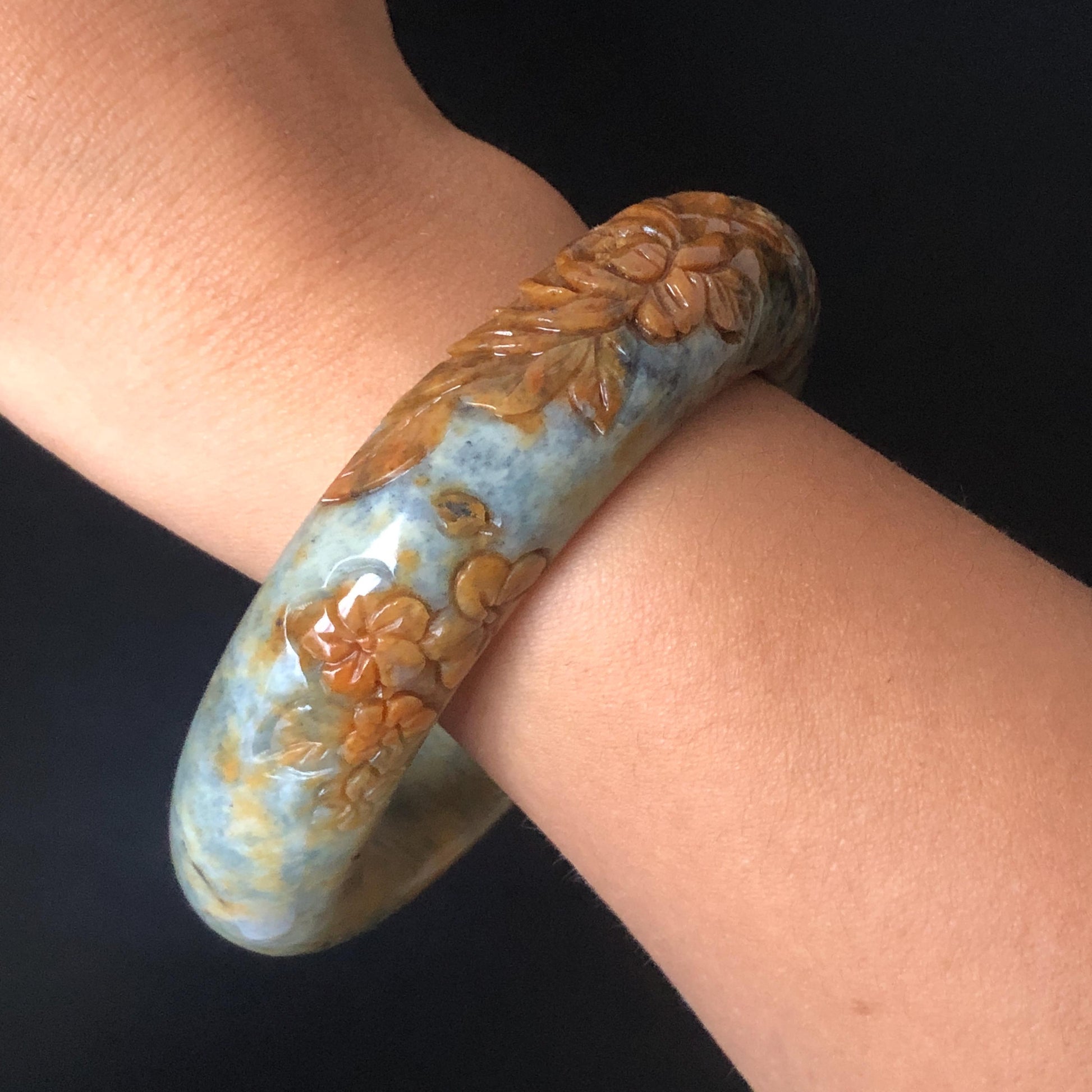 58.7mm Xiu Jade Serpentine Hand Carved Peony Flowers Bangle | Natural Brown Green Blue Jade Handcrafted Bracelet | Stone Carving Gemstone Jewelry Gift for her wide jade bangle jade carving hand engraved stone carving natural untreated jade bracelet green jade blue jade brown jade handcraft jade peony carving flower carving chinese jade vintage bangle antique bracelet
