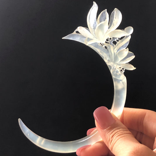 Certified Natural Xiu Jade Serpentine Hand Carved Yulan Flower Hair Pin | Ice White Jade Handcrafted Hair Stick | Bridal Wedding Headpiece gift for her japanese hairpin korean hair stick chinese hair fork vintage hair comb antique hair pins hanfu hair stick bridal shower hair jewelry wedding headpiece bridal shower gift engagement hair accessory jade carving hand engraved jade hand carved flower jade hairpins untreated natural jade with certificate handcraft jade moon hairpin
