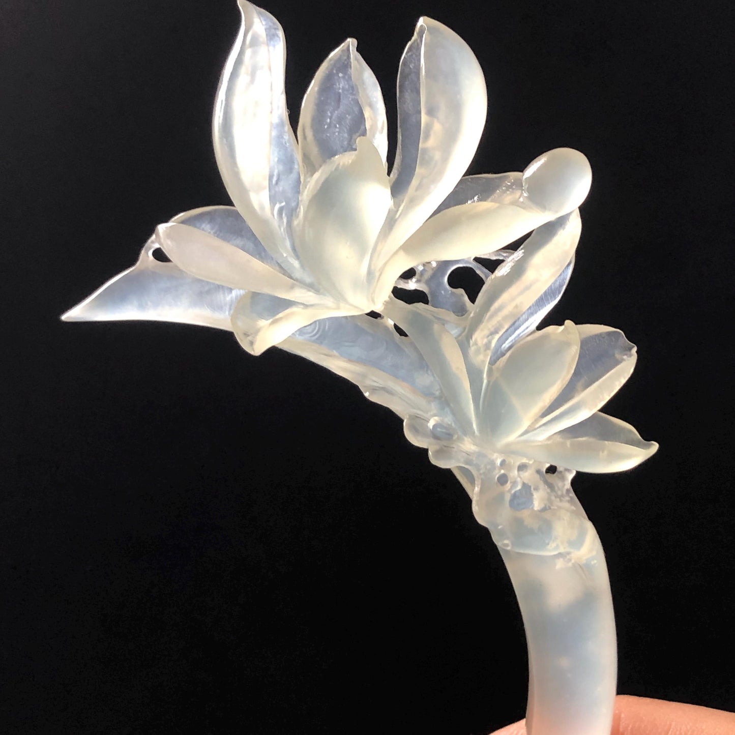 Certified Natural Xiu Jade Serpentine Hand Carved Yulan Flower Hair Pin | Ice White Jade Handcrafted Hair Stick | Bridal Wedding Headpiece gift for her japanese hairpin korean hair stick chinese hair fork vintage hair comb antique hair pins hanfu hair stick bridal shower hair jewelry wedding headpiece bridal shower gift engagement hair accessory jade carving hand engraved jade hand carved flower jade hairpins untreated natural jade with certificate handcraft jade moon hairpin white jade