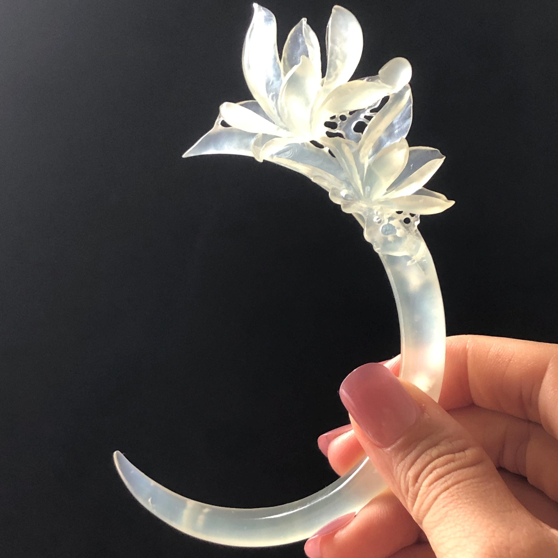 Certified Natural Xiu Jade Serpentine Hand Carved Yulan Flower Hair Pin | Ice White Jade Handcrafted Hair Stick | Bridal Wedding Headpiece gift for her japanese hairpin korean hair stick chinese hair fork vintage hair comb antique hair pins hanfu hair stick bridal shower hair jewelry wedding headpiece bridal shower gift engagement hair accessory jade carving hand engraved jade hand carved flower jade hairpins untreated natural jade with certificate handcraft jade moon hairpin white jade