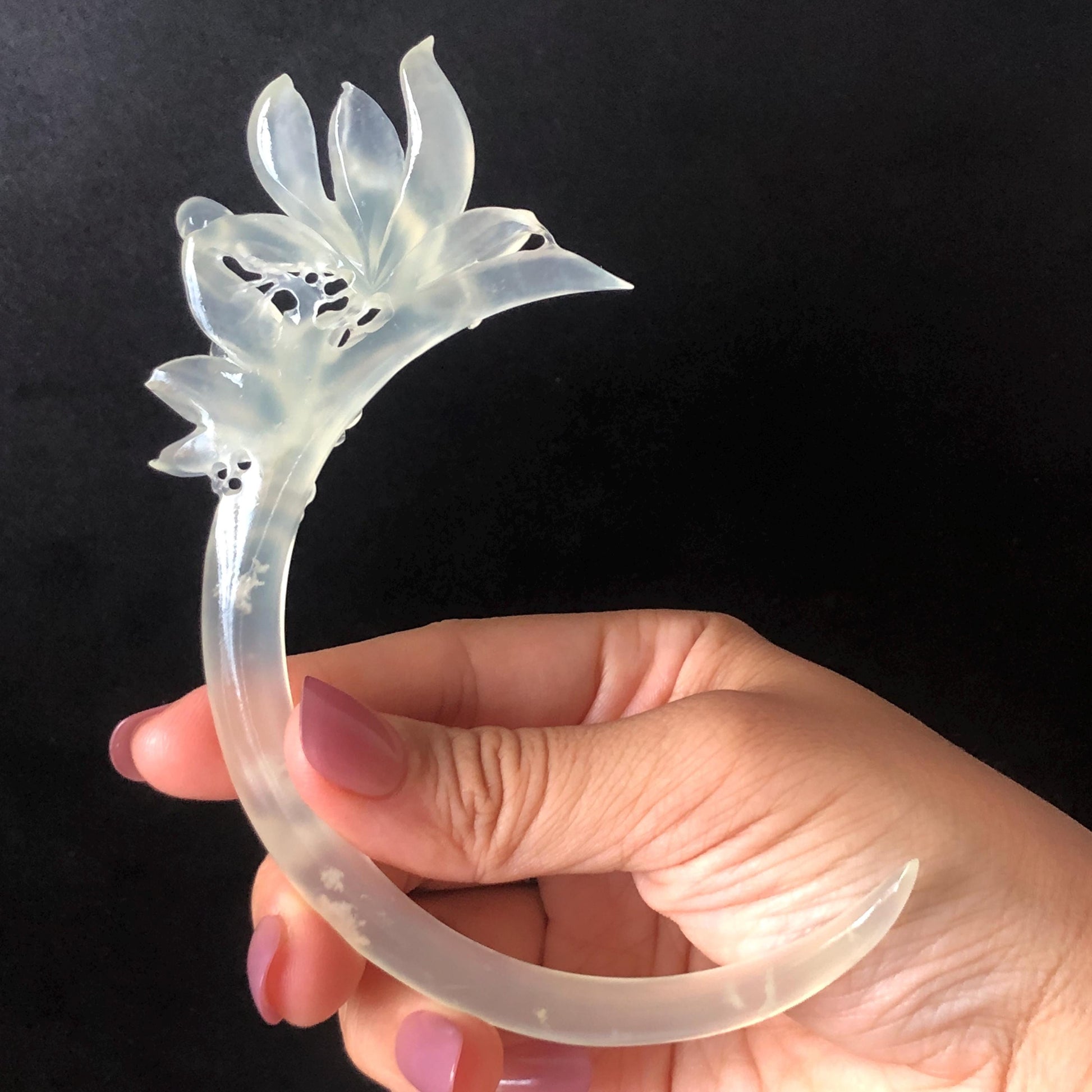 Certified Natural Xiu Jade Serpentine Hand Carved Yulan Flower Hair Pin | Ice White Jade Handcrafted Hair Stick | Bridal Wedding Headpiece gift for her japanese hairpin korean hair stick chinese hair fork vintage hair comb antique hair pins hanfu hair stick bridal shower hair jewelry wedding headpiece bridal shower gift engagement hair accessory jade carving hand engraved jade hand carved flower jade hairpins untreated natural jade with certificate handcraft jade moon hairpin white jade