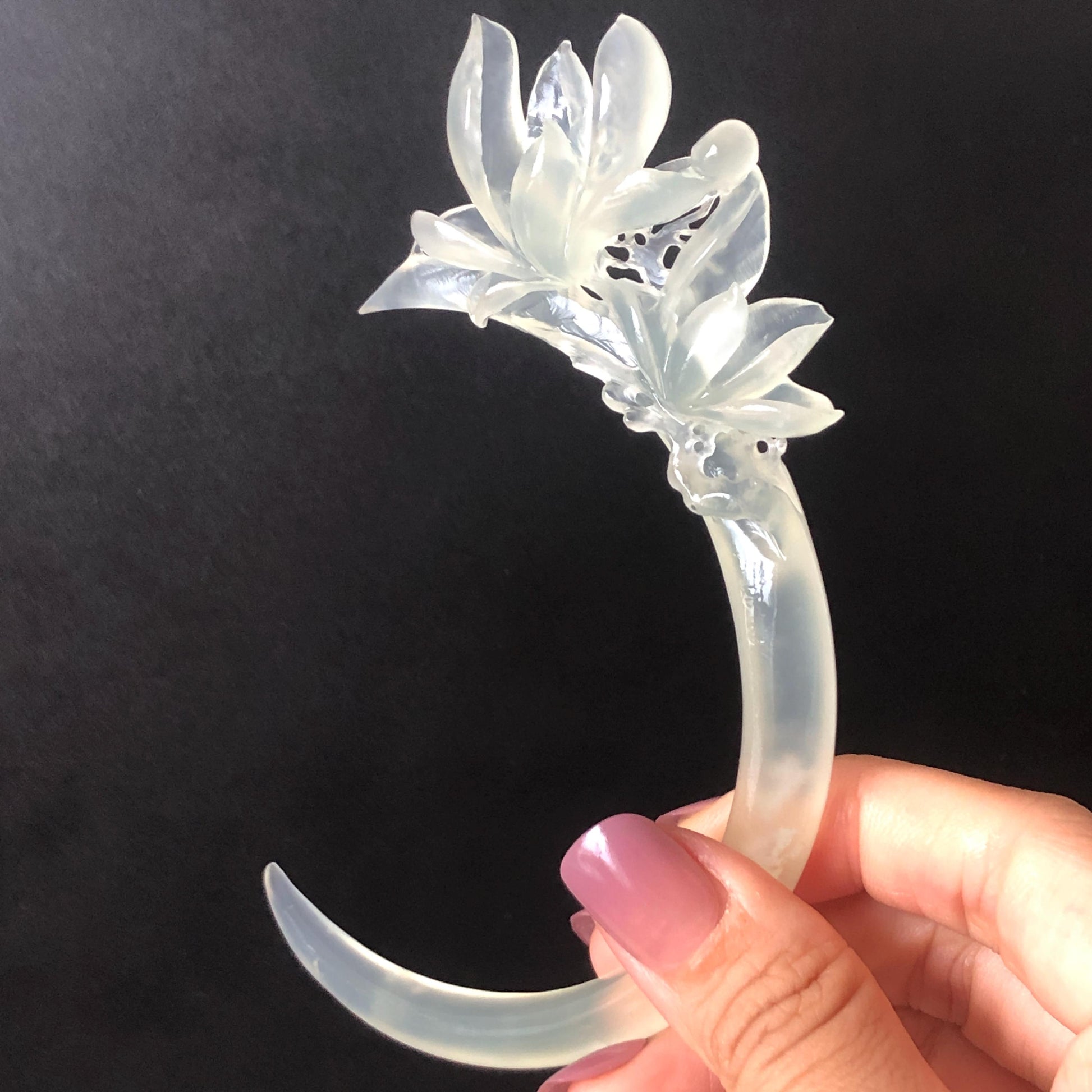 Certified Natural Xiu Jade Serpentine Hand Carved Yulan Flower Hair Pin | Ice White Jade Handcrafted Hair Stick | Bridal Wedding Headpiece gift for her japanese hairpin korean hair stick chinese hair fork vintage hair comb antique hair pins hanfu hair stick bridal shower hair jewelry wedding headpiece bridal shower gift engagement hair accessory jade carving hand engraved jade hand carved flower jade hairpins untreated natural jade with certificate handcraft jade moon hairpin white jade