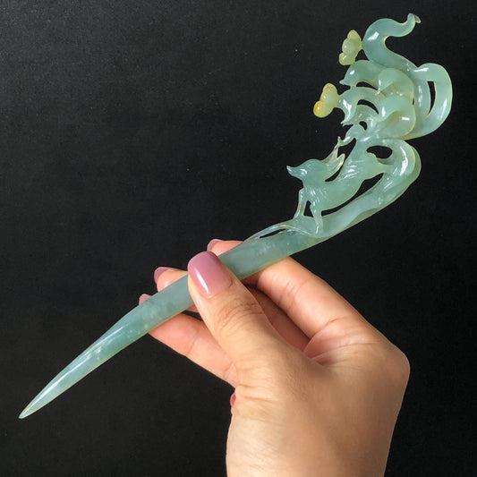 Natural Xiu Jade (Serpentine) Hand Carved Nine tailed fox Hair Pin | Handcrafted Green Yellow Jade Hair Stick with Certificate | Asian Chinese Vintage Style Jade hair comb japanese hairpins koran hair stick hanfu hair pin hair comb hair fork antique hair stick certified jade carving hand carved fox carving green jade yellow jade hand engraved jade gift for her bridal shower hair clip wedding hair jewelry handcrafted jade fox lover gift