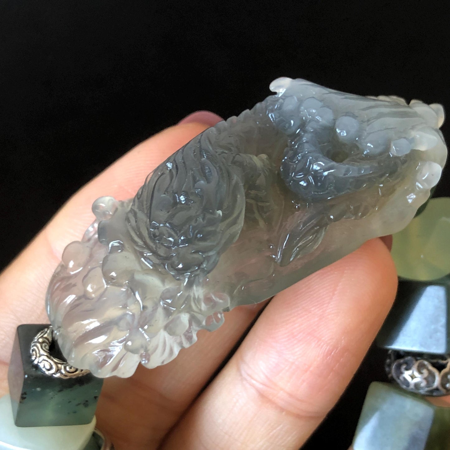 Xiu Jade Serpentine Hand Carved Sea Dragon Charm Irregular Bead Bracelet | Natural Ice Gray White Jade | Vintage Tibetan Silver | Personalized Gift for her  elastic stretch bracelet jade carving hand engraved gray jade grey jade white jade green jade hand engraved jade bracelet hand carved jade charm hand engraved jade pendant irregular bead bracelet big beaded bracelet dangle bracelet  silver accessory vintage bracelet antique bracelet dragon carving engraved dragon tailor made customized gift