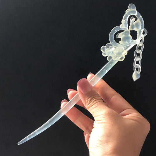 Xiu Jade Serpentine Hand Carved Bunny Hair Pin with Dangle | Rabbits in Love | Certified Icy White Jade Hair Stick | Asian Chinese Vintage Hair Fork gift for her hand engraved white jade carving koren hair stick japanese hair pin hanfu hair comb chinese hair clip hand engraved rabbit carving hand carved bunny carving carved moon carving icy chinese jade vinatge hair stick rabbit carving chinese hair stick antique hairpins natural untreated jade with certificate stone carving hair jewelry