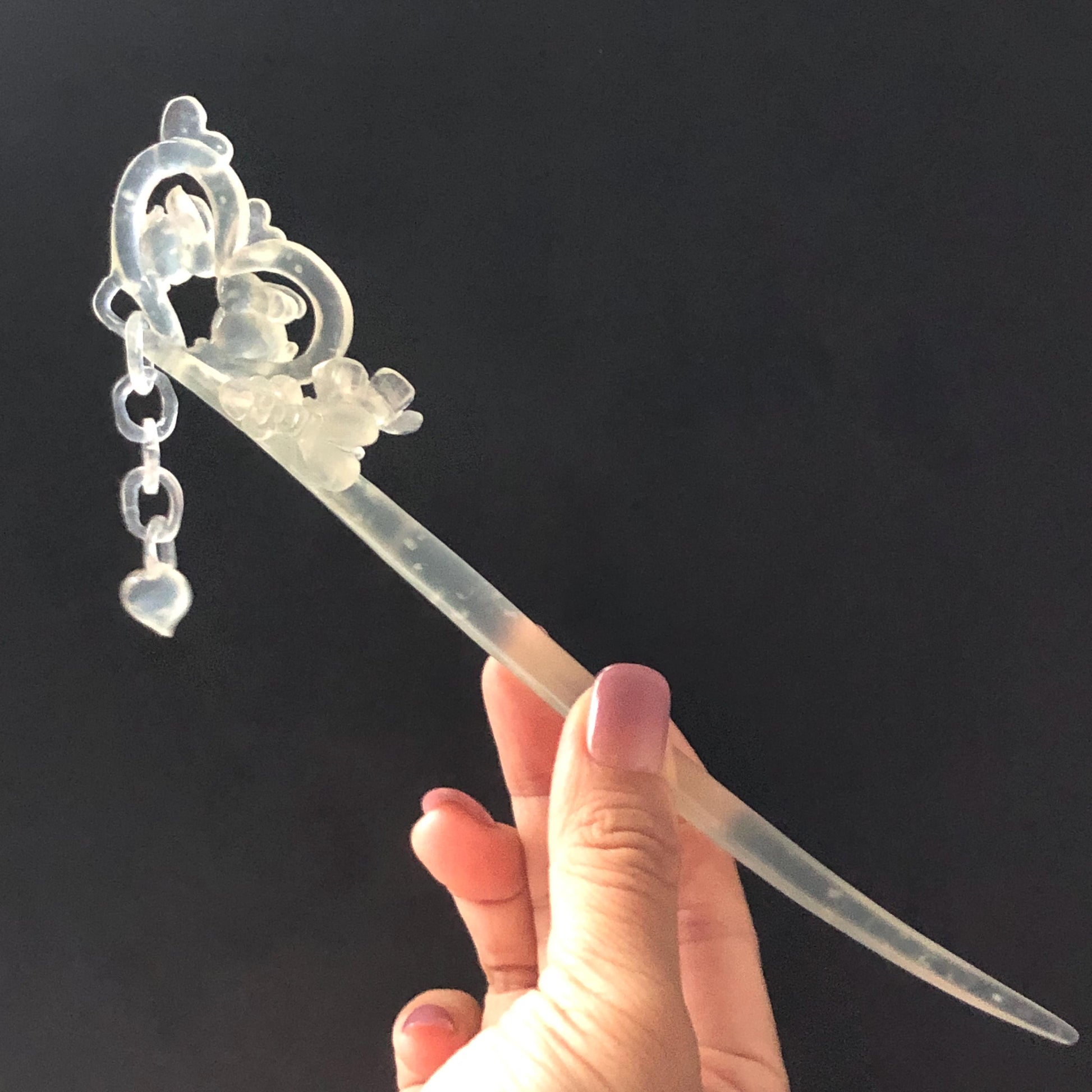 Xiu Jade Serpentine Hand Carved Bunny Hair Pin with Dangle | Rabbits in Love | Certified Icy White Jade Hair Stick | Asian Chinese Vintage Hair Fork gift for her hand engraved white jade carving koren hair stick japanese hair pin hanfu hair comb chinese hair clip hand engraved rabbit carving hand carved bunny carving carved moon carving icy chinese jade vinatge hair stick rabbit carving chinese hair stick antique hairpins natural untreated jade with certificate stone carving hair jewelry