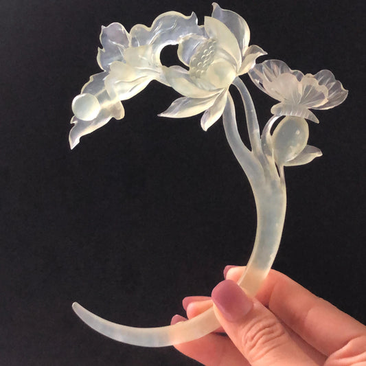 Natural Xiu Jade Serpentine Hand Carved Lotus & Butterfly Hair Pin | Certified Ice Green Crescent Moon Jade Hair Stick | Chinese Hanfu Hair Fork Vintage Bridal Hair Fork Gift for her japanese hairpin korean hair stick chinese hair fork vintage hair comb antique hair pins hanfu hair stick bridal shower hair jewelry wedding headpiece bridal shower gift engagement hair accessory jade carving hand engraved jade lotus carving jade hairpins untreated natural jade with certificate butterfly carving