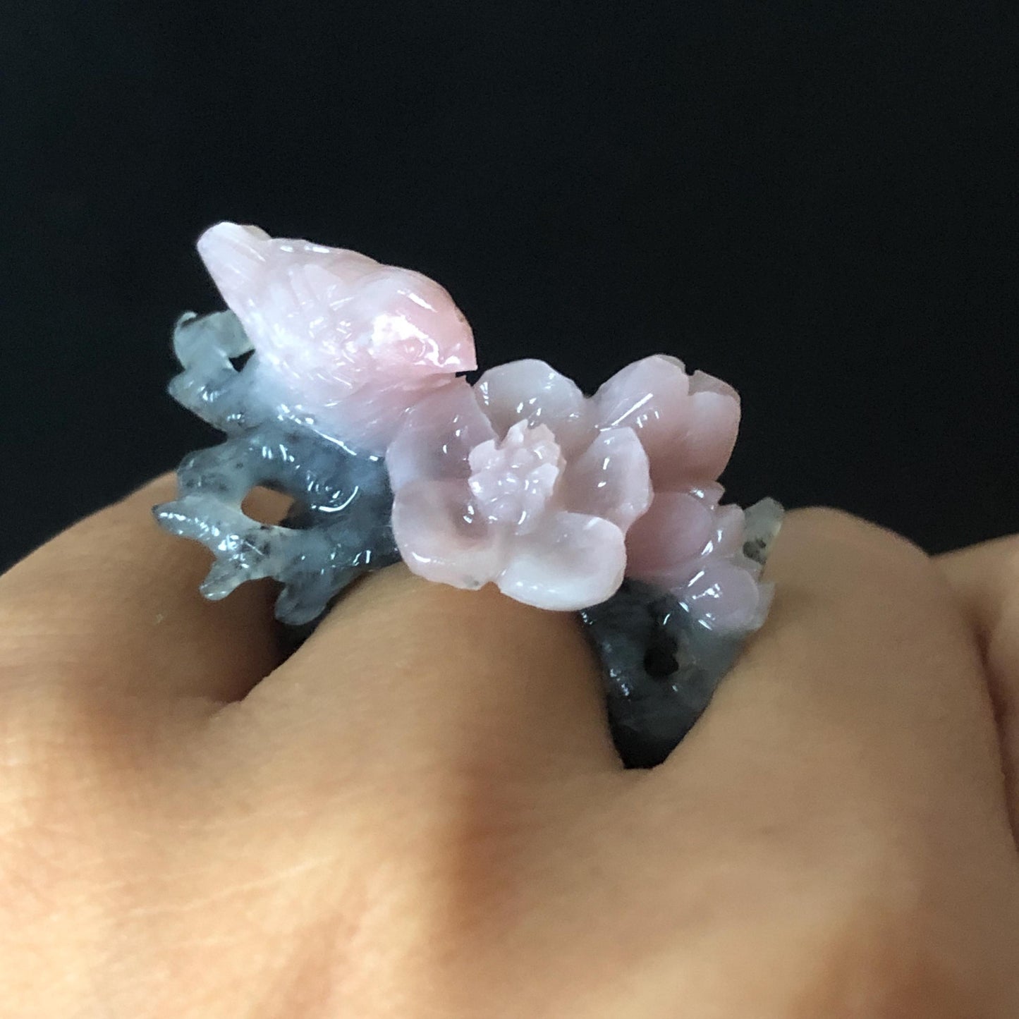 Natural Xiu Jade Serpentine Hand Carved Bird Flower Statement Ring | 16.3mm (US 5.5-5.75) | Gray Black & Pink Jade Ring Pendant 3D stone carving black jade carving pink jade carbonate jade ring hand carved jade band ring bird carving flower carving plum blossom natural jade band ring cocktail ring gift for her