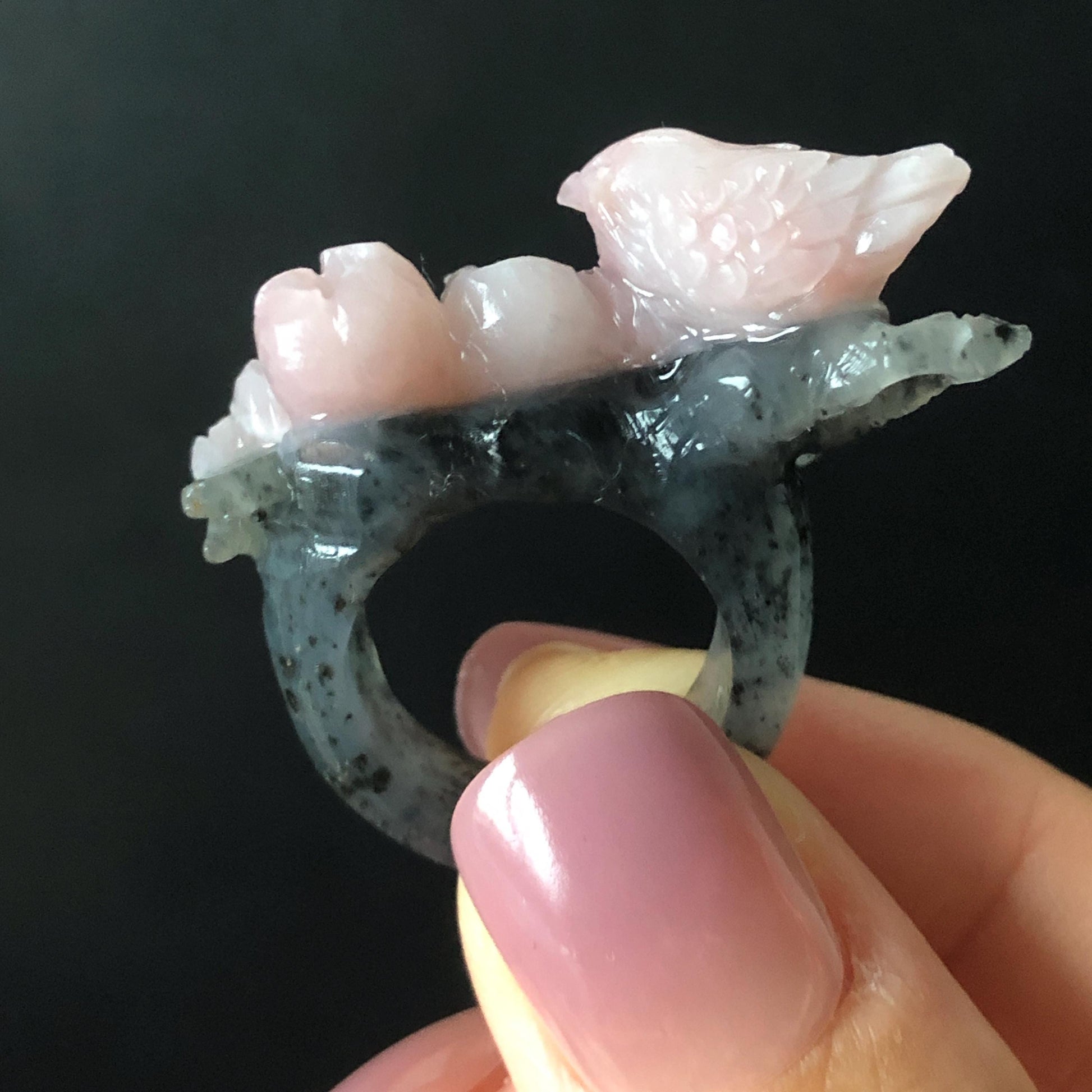 Natural Xiu Jade Serpentine Hand Carved Bird Flower Statement Ring | 16.3mm (US 5.5-5.75) | Gray Black & Pink Jade Ring Pendant 3D stone carving black jade carving pink jade carbonate jade ring hand carved jade band ring bird carving flower carving plum blossom natural jade band ring cocktail ring gift for her