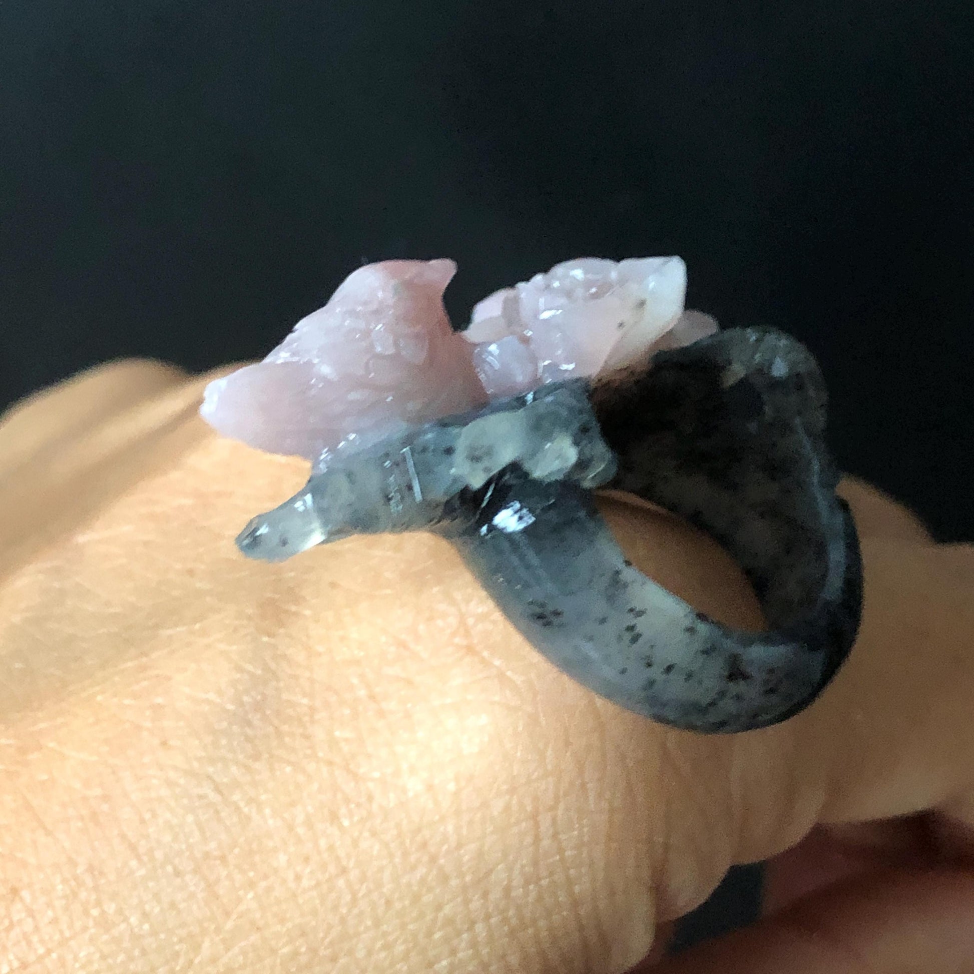 Natural Xiu Jade Serpentine Hand Carved Bird Flower Statement Ring | 16.3mm (US 5.5-5.75) | Gray Black & Pink Jade Ring Pendant 3D stone carving black jade carving pink jade carbonate jade ring hand carved jade band ring bird carving flower carving plum blossom natural jade band ring cocktail ring gift for her