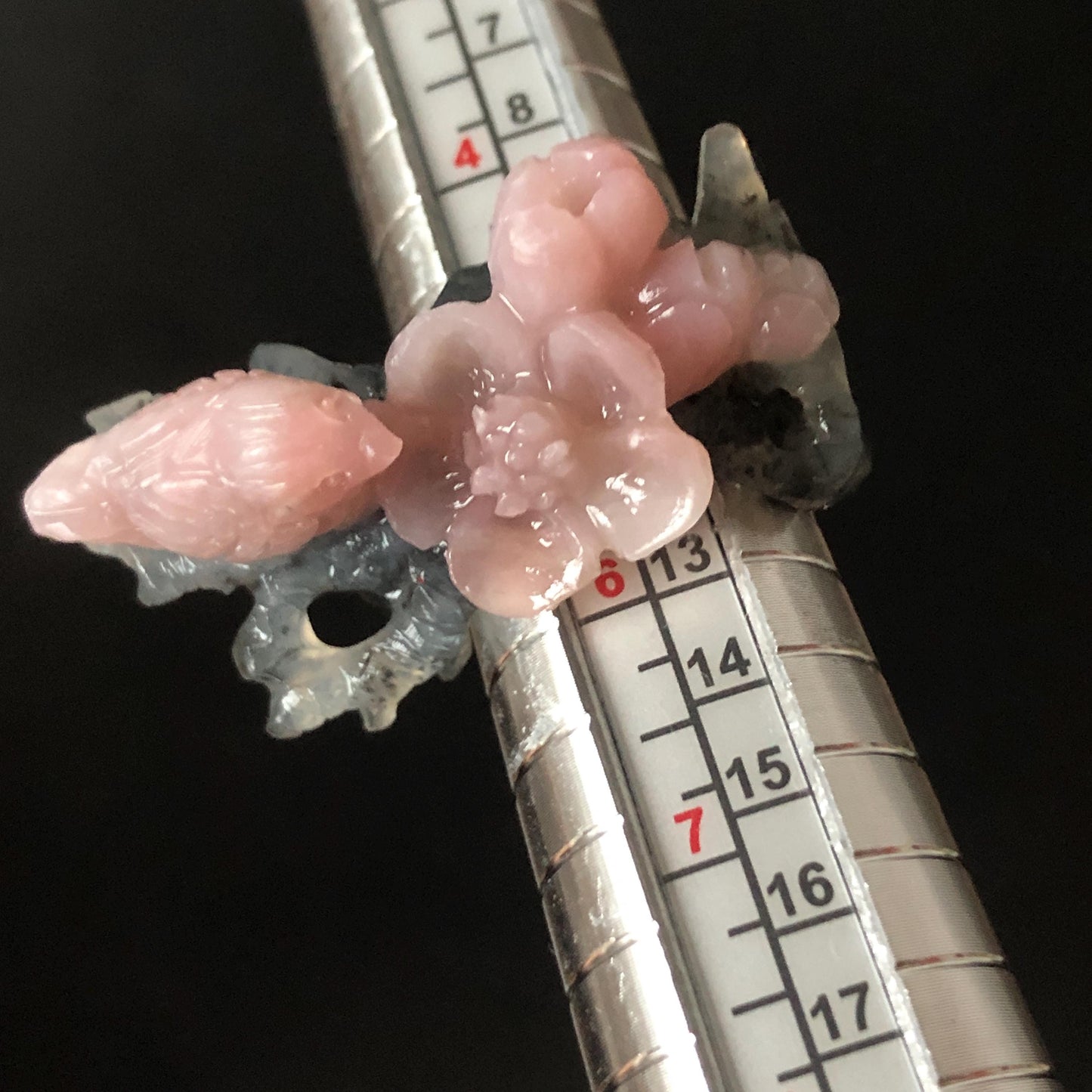 Natural Xiu Jade Serpentine Hand Carved Bird Flower Statement Ring | 16.3mm (US 5.5-5.75) | Gray Black & Pink Jade Ring Pendant 3D stone carving black jade carving pink jade carbonate jade ring hand carved jade band ring bird carving flower carving plum blossom natural jade band ring cocktail ring gift for her
