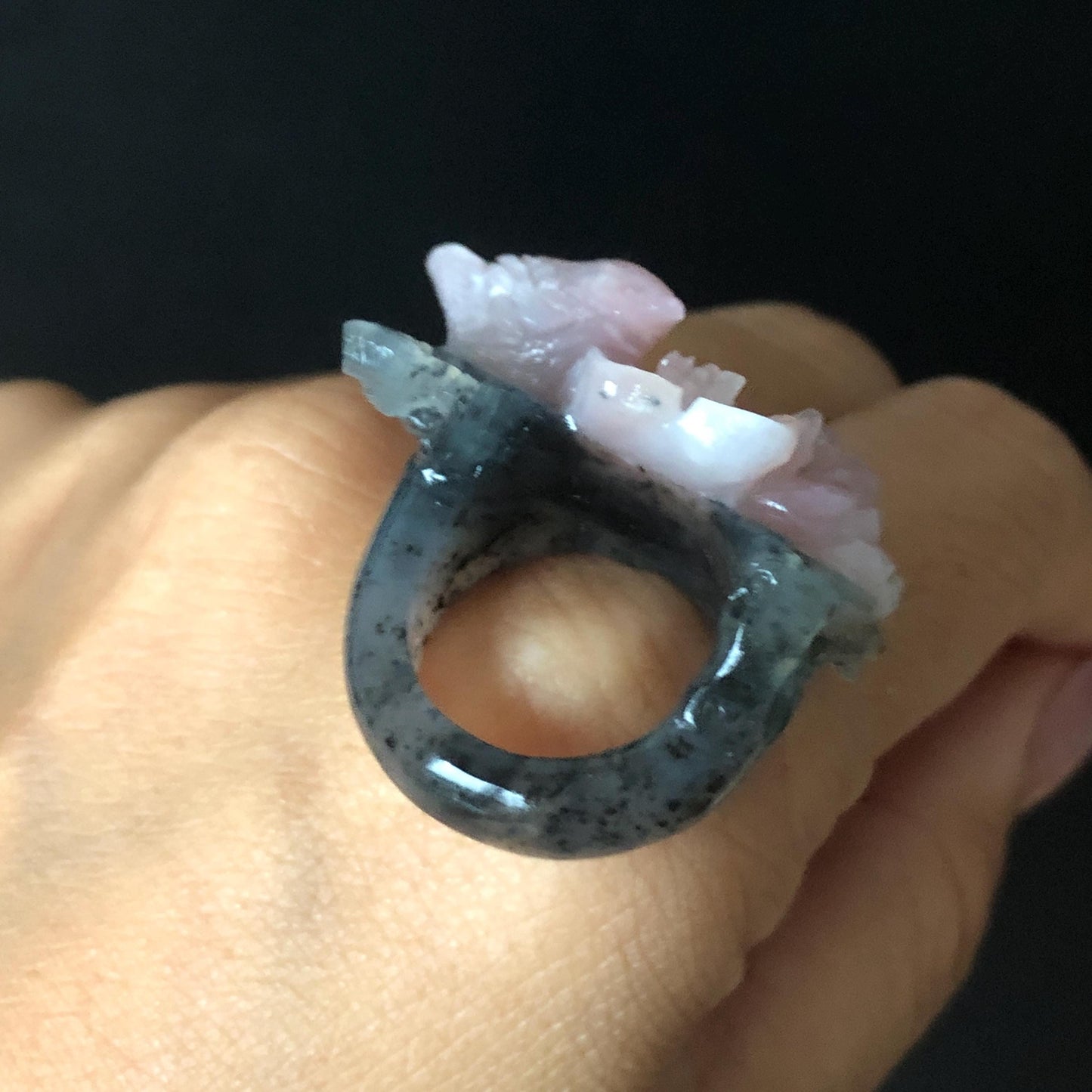 Natural Xiu Jade Serpentine Hand Carved Bird Flower Statement Ring | 16.3mm (US 5.5-5.75) | Gray Black & Pink Jade Ring Pendant 3D stone carving black jade carving pink jade carbonate jade ring hand carved jade band ring bird carving flower carving plum blossom natural jade band ring cocktail ring gift for her