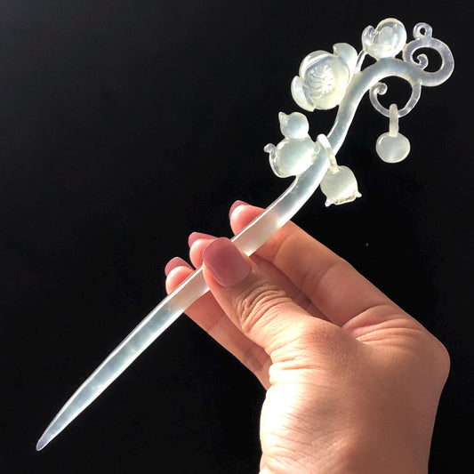 Xiu Jade Serpentine Hand Carved Cat & Flower Hair Pin with Dangle | Natural Certified Ice White Jade Hair Stick | Asian Chinese Vintage Hair Fork gift for her hand engraved white jade carving koren hair stick japanese hair pin hanfu hair comb chinese hair clip hand engraved kitten carving hand carved cat carving carved dangle hair stick icy chinese jade vinatge hair stick chinese hair stick antique hairpins natural untreated jade with certificate stone carving hair jewelry cat lover gift