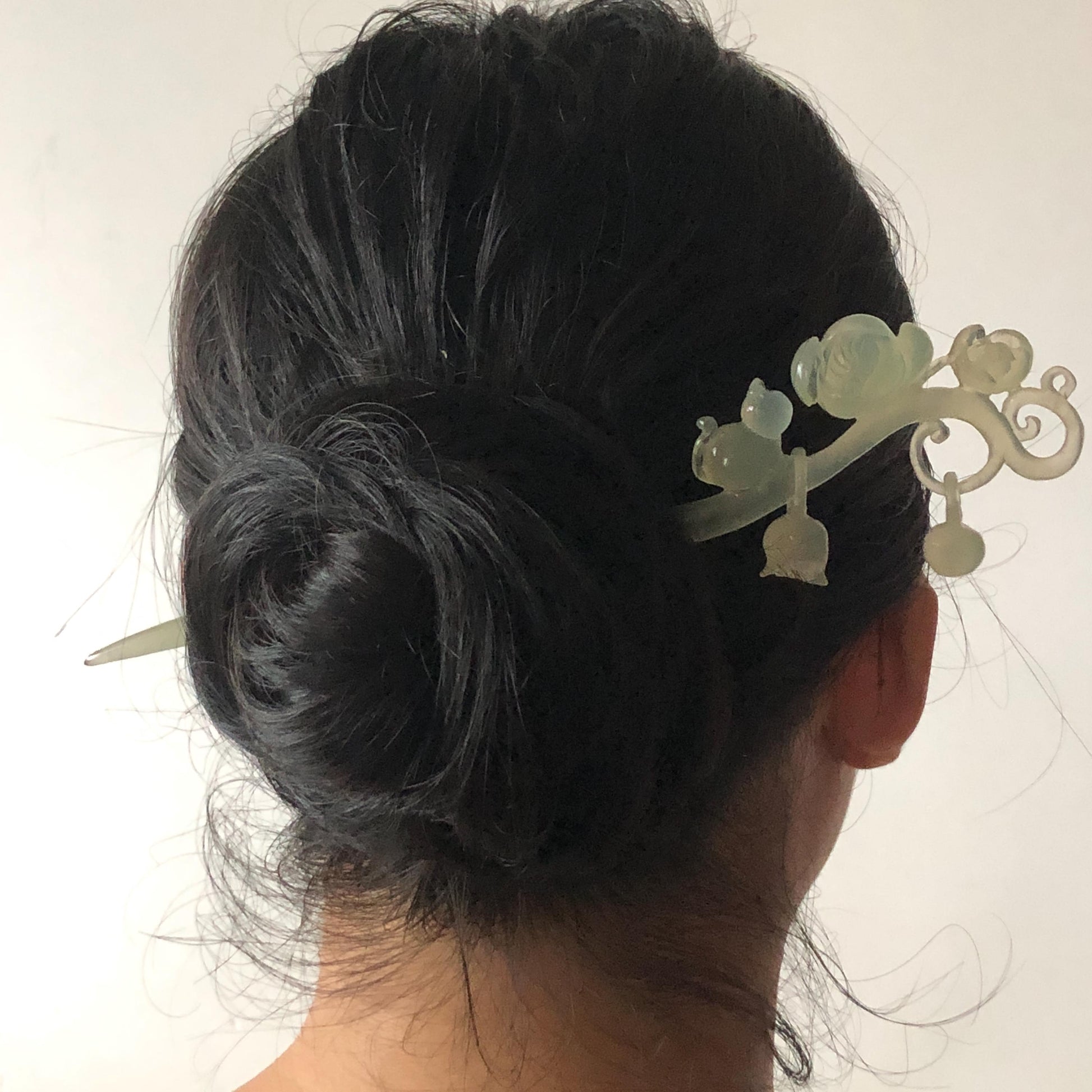 Xiu Jade Serpentine Hand Carved Cat & Flower Hair Pin with Dangle | Natural Certified Ice White Jade Hair Stick | Asian Chinese Vintage Hair Fork gift for her hand engraved white jade carving koren hair stick japanese hair pin hanfu hair comb chinese hair clip hand engraved kitten carving hand carved cat carving carved dangle hair stick icy chinese jade vinatge hair stick chinese hair stick antique hairpins natural untreated jade with certificate stone carving hair jewelry cat lover gift