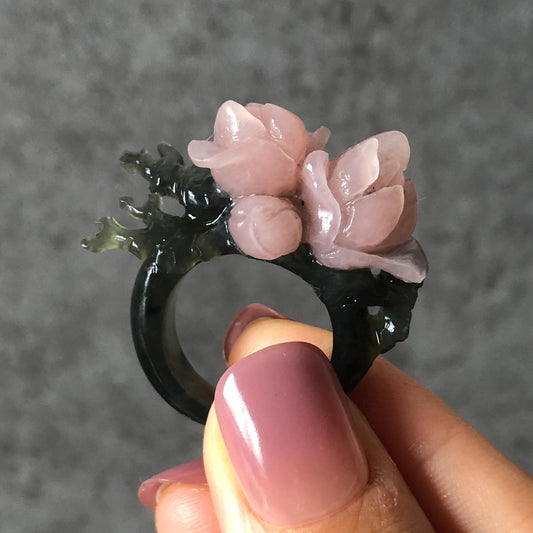 Xiu Jade Serpentine Hand Carved Pink Yulan Flower Statement Ring | 17.4mm (US7) | Gray Black & Pink Jade Ring Pendant | 3D Stone Carving | Crystal Gemstone Gift Pendant Ring 3D stone carving black jade carving pink jade carbonate jade ring hand carved jade band ring flower carving Yulan carving natural jade band ring cocktail ring gift for her