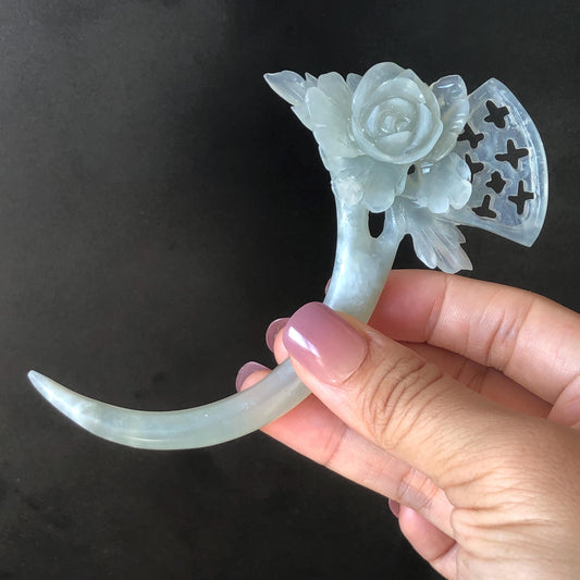 Xiu Jade Serpentine Hand Carved Grey Camellia Flower Crescent Moon Hair Pin | Certified Natural Gray Jade Hair Stick | Chinese Vintage Hair Fork | Chinese Hanfu Hair Fork Vintage Bridal Hair Fork Gift for her japanese hairpin korean hair stick chinese hair fork vintage hair comb antique hair pins hanfu hair stick bridal shower hair jewelry engagement hair accessory jade carving hand engraved jade lotus carving jade hairpins untreated natural jade with certificate handcrafted jade stone carving