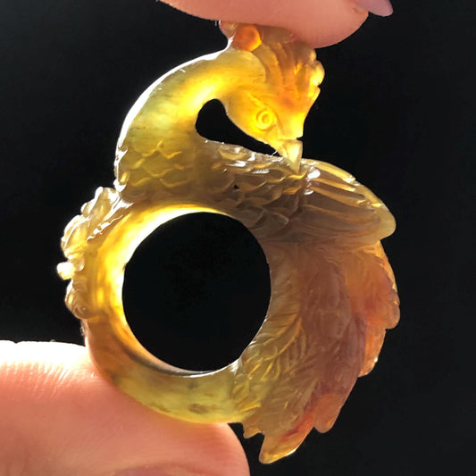 Natural Xiu Jade (Serpentine) Hand Carved Peacock Ring | 16mm (US 5.25) Green & Yellow Jade Ring Pendant | Handcraft Gemstone Crystal Stone 3D Pinky Ring gift for her yellow jade carving green jade nine tail fox carving hand engraved statement ring peony carving hand carved flower carving peacock carving natural untreated jade