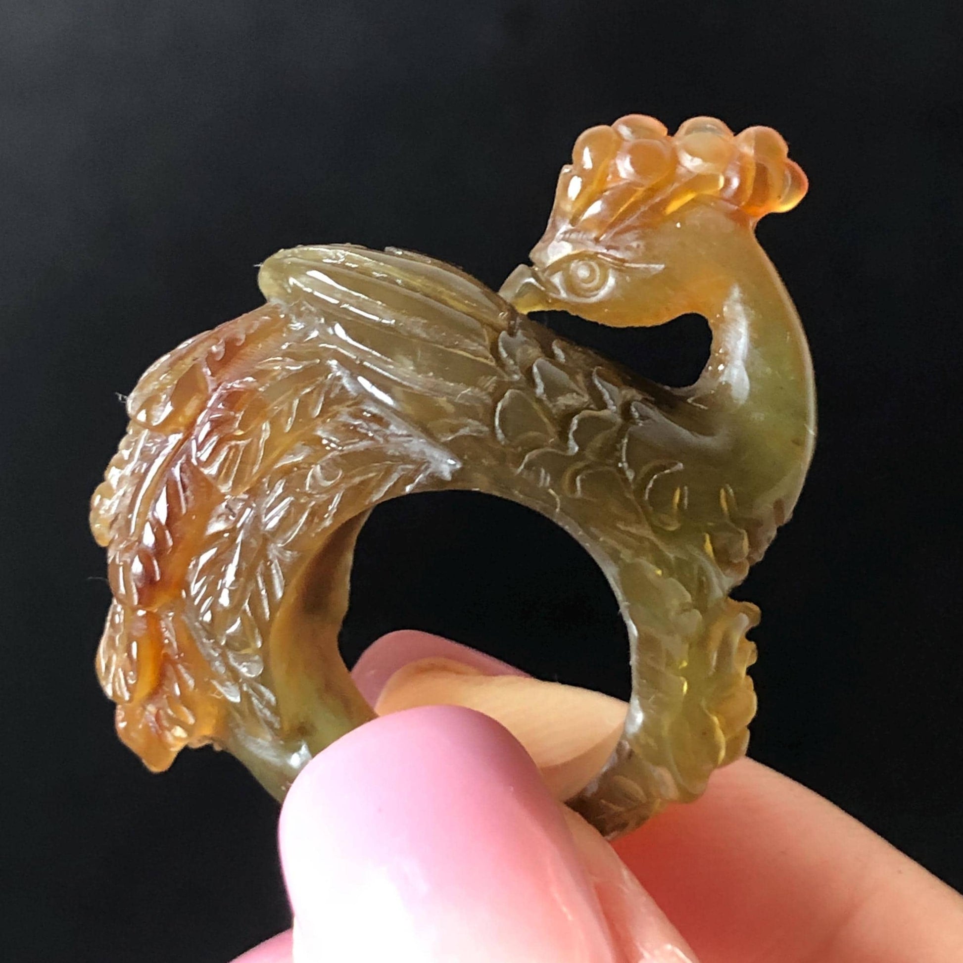 Natural Xiu Jade (Serpentine) Hand Carved Peacock Ring | 16mm (US 5.25) Green & Yellow Jade Ring Pendant | Handcraft Gemstone Crystal Stone 3D Pinky Ring gift for her yellow jade carving green jade nine tail fox carving hand engraved statement ring peony carving hand carved flower carving peacock carving natural untreated jade