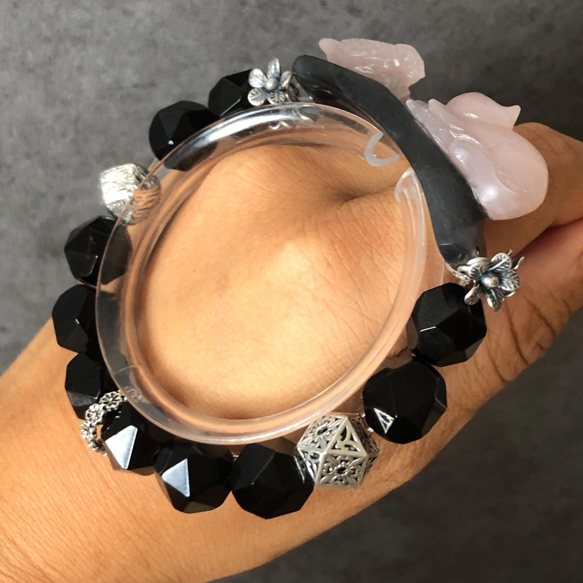 Natural Xiu Jade Serpentine Hand Carved Cat & Bird Charm with Black Agate Bead Bracelet | Black Pink Jade | Vintage Tibetan Silver | Crystal Stone Gemstone Gift for her elastic stretch bracelet jade carving pink jade black jade hand engraved jade bracelet hand carved jade charm jade pendant black bead bracelet big beaded bracelet silver accessory vintage bracelet antique bracelet cat carving engraved bird carving tailor made customized gift personalised gothic bracelet cat lover gift