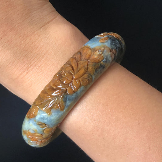 58.7mm Xiu Jade Serpentine Hand Carved Peony Flowers Bangle | Natural Brown Green Blue Jade Handcrafted Bracelet | Stone Carving Gemstone Jewelry Gift for her wide jade bangle jade carving hand engraved stone carving natural untreated jade bracelet green jade blue jade brown jade handcraft jade peony carving flower carving chinese jade vintage bangle antique bracelet