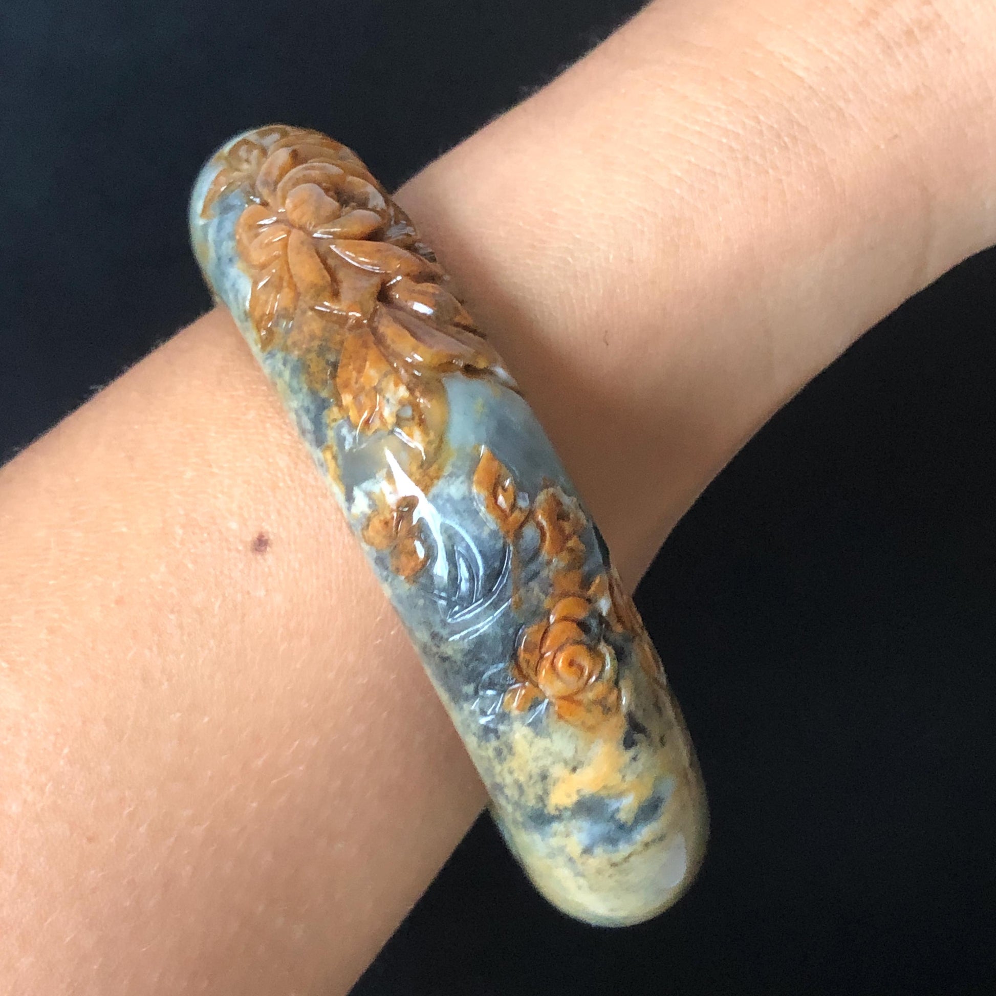 58.7mm Xiu Jade Serpentine Hand Carved Peony Flowers Bangle | Natural Brown Green Blue Jade Handcrafted Bracelet | Stone Carving Gemstone Jewelry Gift for her wide jade bangle jade carving hand engraved stone carving natural untreated jade bracelet green jade blue jade brown jade handcraft jade peony carving flower carving chinese jade vintage bangle antique bracelet