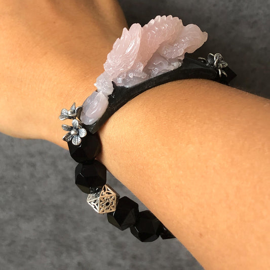 Xiu Jade Serpentine Hand Carved Dragon Charm with Black Agate Bead Elastic Stretch Bracelet | Handcrafted Black Pink Jade | Vintage Tibetan Silver Pesonalized Gift for her jade carving pink jade black jade hand engraved jade bracelet hand carved jade charm jade pendant black bead bracelet big beaded bracelet silver accessory vintage bracelet antique bracelet dragon carving hand engraved dragon tailor made customized gift personalised gothic bracelet dragon lover gift