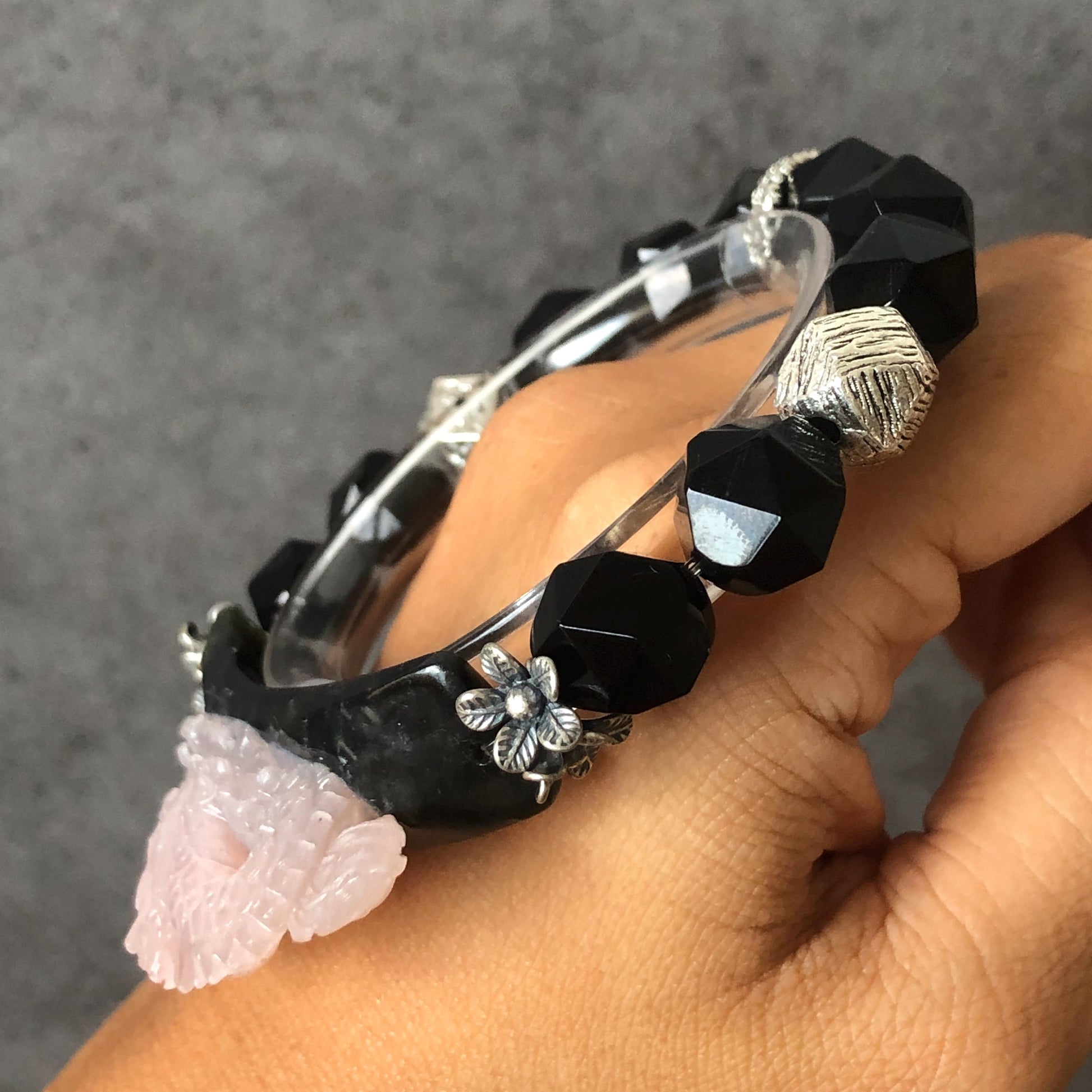 Xiu Jade Serpentine Hand Carved Dragon Charm with Black Agate Bead Elastic Stretch Bracelet | Handcrafted Black Pink Jade | Vintage Tibetan Silver Pesonalized Gift for her jade carving pink jade black jade hand engraved jade bracelet hand carved jade charm jade pendant black bead bracelet big beaded bracelet silver accessory vintage bracelet antique bracelet dragon carving hand engraved dragon tailor made customized gift personalised gothic bracelet dragon lover gift