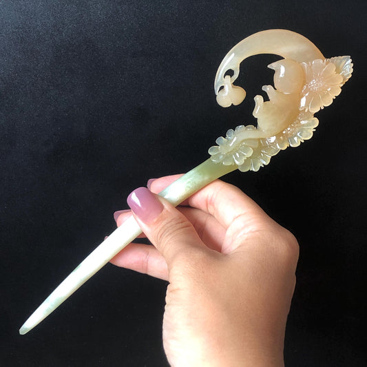 Xiu Jade Serpentine Hand Carved Cat on Moon Hair Pin with Dangle | Natural Certified Peach Coral Jade Flower Hair Stick | Asian Chinese Vintage Hair Fork  gift for her hand engraved coral jade white jade green jade peach jade orange jade carving korean hair stick japanese hair pin hanfu hair comb chinese hair clip kitten carving handcraft cat carving dangle hair stick chinese jade hair stick antique hairpins untreated jade certificate stone carving hair jewelry cat lover gift