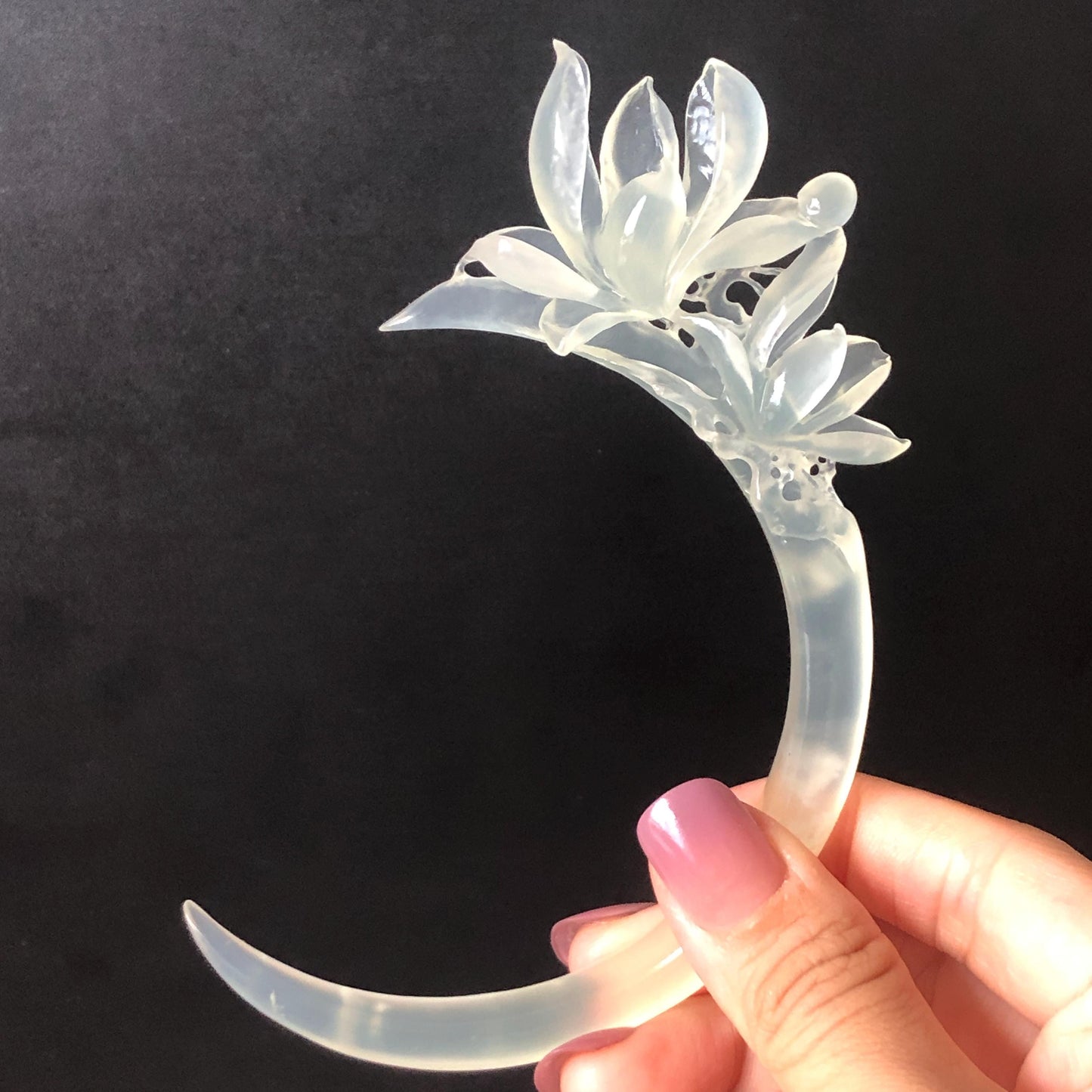 Certified Natural Xiu Jade Serpentine Hand Carved Yulan Flower Hair Pin | Ice White Jade Handcrafted Hair Stick | Bridal Wedding Headpiece gift for her japanese hairpin korean hair stick chinese hair fork vintage hair comb antique hair pins hanfu hair stick bridal shower hair jewelry wedding headpiece bridal shower gift engagement hair accessory jade carving hand engraved jade hand carved flower jade hairpins untreated natural jade with certificate handcraft jade moon hairpin white jade