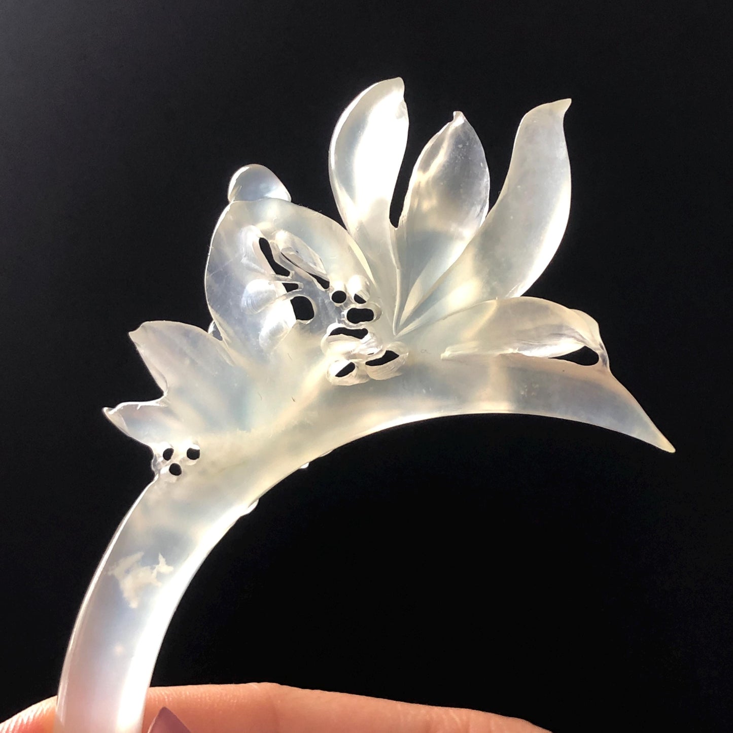 Certified Natural Xiu Jade Serpentine Hand Carved Yulan Flower Hair Pin | Ice White Jade Handcrafted Hair Stick | Bridal Wedding Headpiece gift for her japanese hairpin korean hair stick chinese hair fork vintage hair comb antique hair pins hanfu hair stick bridal shower hair jewelry wedding headpiece bridal shower gift engagement hair accessory jade carving hand engraved jade hand carved flower jade hairpins untreated natural jade with certificate handcraft jade moon hairpin white jade