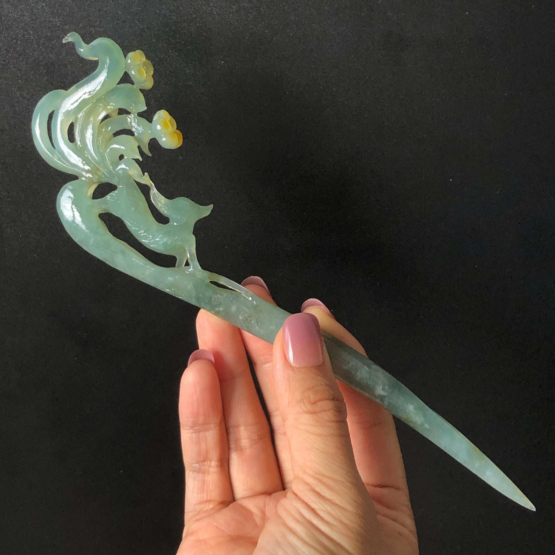 Natural Xiu Jade (Serpentine) Hand Carved Nine tailed fox Hair Pin | Handcrafted Green Yellow Jade Hair Stick with Certificate | Asian Chinese Vintage Style Jade hair comb japanese hairpins koran hair stick hanfu hair pin hair comb hair fork antique hair stick certified jade carving hand carved fox carving green jade yellow jade hand engraved jade gift for her bridal shower hair clip wedding hair jewelry handcrafted jade fox lover gift