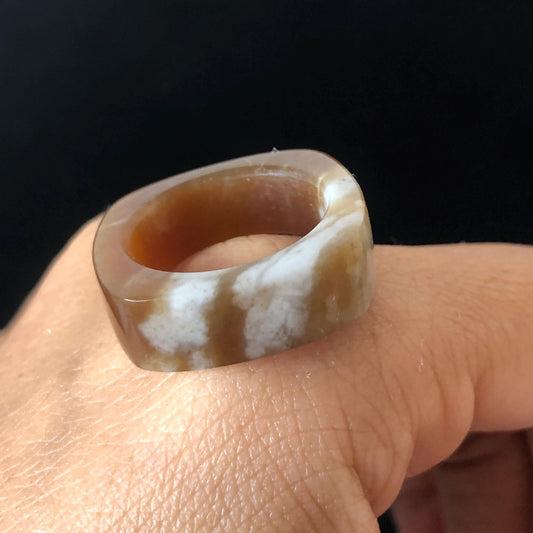 Natural Nephrite Jade Band Ring | US 5.25 | Untreated White Jade & Brown Jade Pinky Ring | Milk Coffee Latte | Women Statement Ring Stackable Ring  gift for her untreated jade stackable ring cocktail ring for men square ring vintage ring chinese jade stone ring thumb ring ring pendant brown jade ring white jade ring