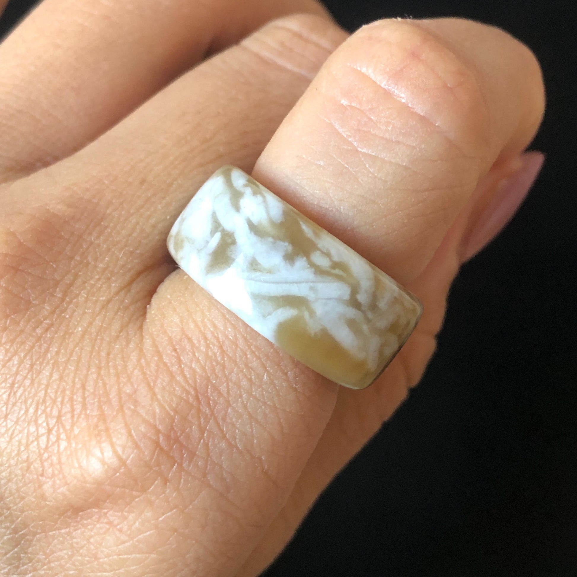 Natural Nephrite Jade Band Ring | US 6.25 | White Jade & Brown Jade Pinky Ring | Milk Coffee Latte | Women Statement Ring Stackable Ring