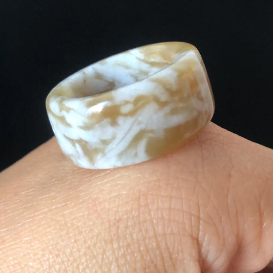 Natural Nephrite Jade Band Ring | US 6.25 | White Jade & Brown Jade Pinky Ring | Milk Coffee Latte | Women Statement Ring Stackable Ring