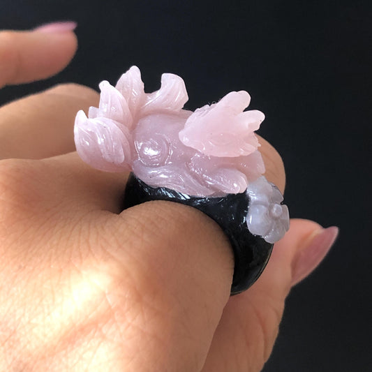 Custom Size! Xiu Jade Serpentine Hand Carved Nine Tail Fox Flower Statement Ring | Black & Pink Jade Ring Pendant | 3D Stone Carving | Handcrafted Crystal Gemstone Gift black jade carving pink jade carbonate jade ring hand carved jade band ring bird carving flower carving plum blossom natural jade band ring cocktail ring gift for her ring for women make to order ring big size ring small size ring personalized ring customised ring fox carving flower carving