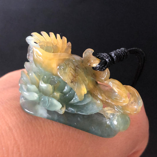 Xiu Jade Serpentine Hand Carved Phoenix Peony Pendant Adjustable Necklace | Natural Yellow & Green Jade | Handcrafted 3D Stone Carving Gift for her hand engraved stone pendant jade carving phoenix carving peony carving carved jade charm adjustable necklace untreated jade choker necklace handcraft jade stone carving crystal carving hand engraved gemstone green jade yellow jade phoenix lover gift vintage jade antique jade chinese jade