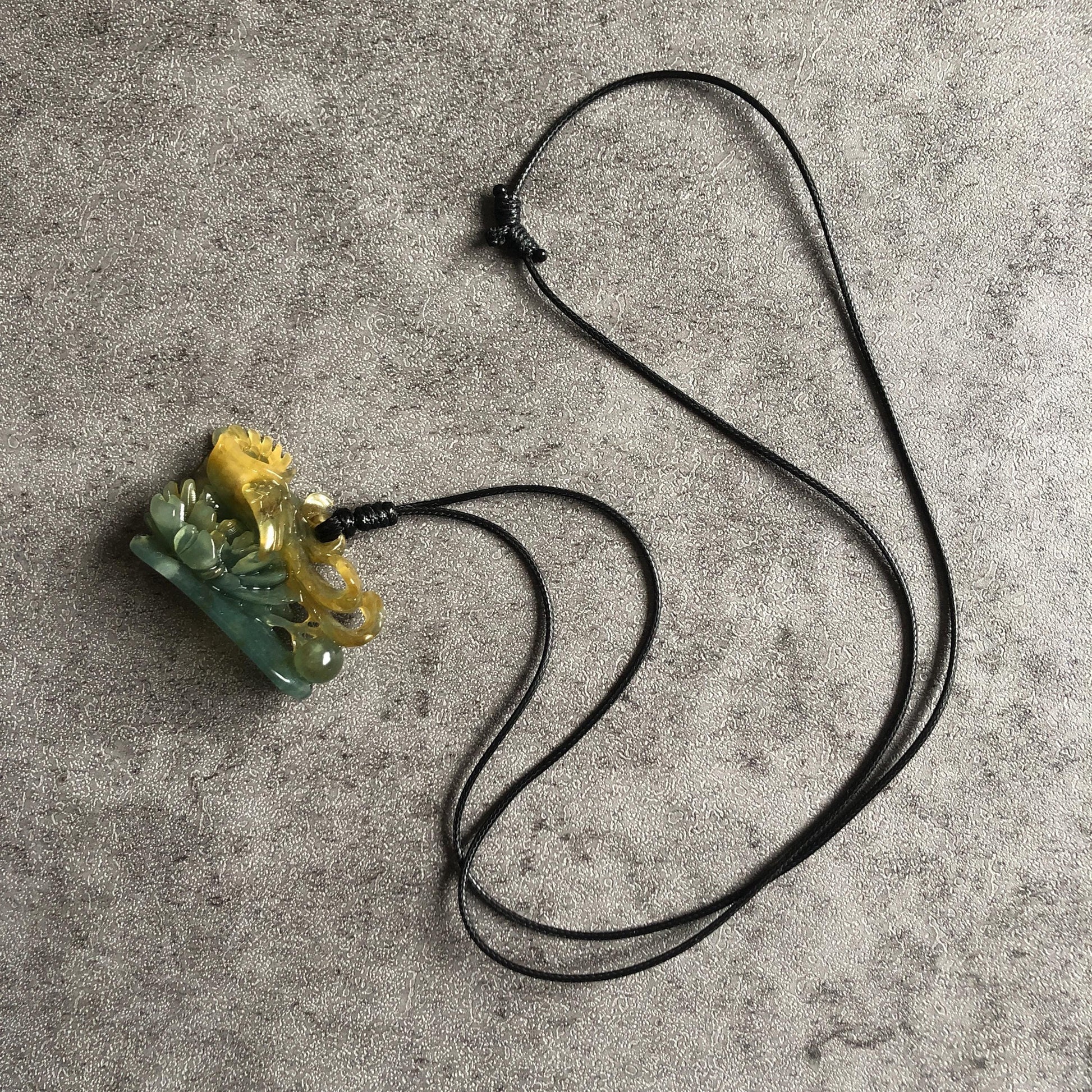 Xiu Jade Serpentine Hand Carved Phoenix Peony Pendant Adjustable Necklace | Natural Yellow & Green Jade | Handcrafted 3D Stone Carving Gift for her hand engraved stone pendant jade carving phoenix carving peony carving carved jade charm adjustable necklace untreated jade choker necklace handcraft jade stone carving crystal carving hand engraved gemstone green jade yellow jade phoenix lover gift vintage jade antique jade chinese jade