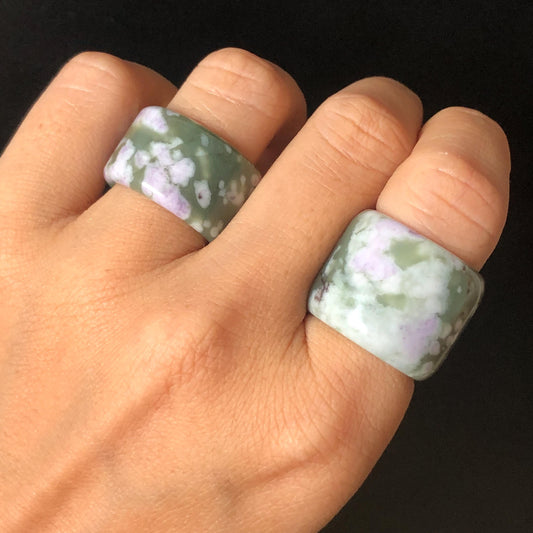Natural Nephrite Jade Wide Band Ring | Green Jade with White & Purple Flower Pattern Thumb Ring | Wisteria Flowers | US 6.5-7.25 | White Jade Purple Jade flower statement ring for women ring pendant cocktail ring chinese jade ring vintage ring antique ring gift for her stone ring gemstone ring crystal ring
