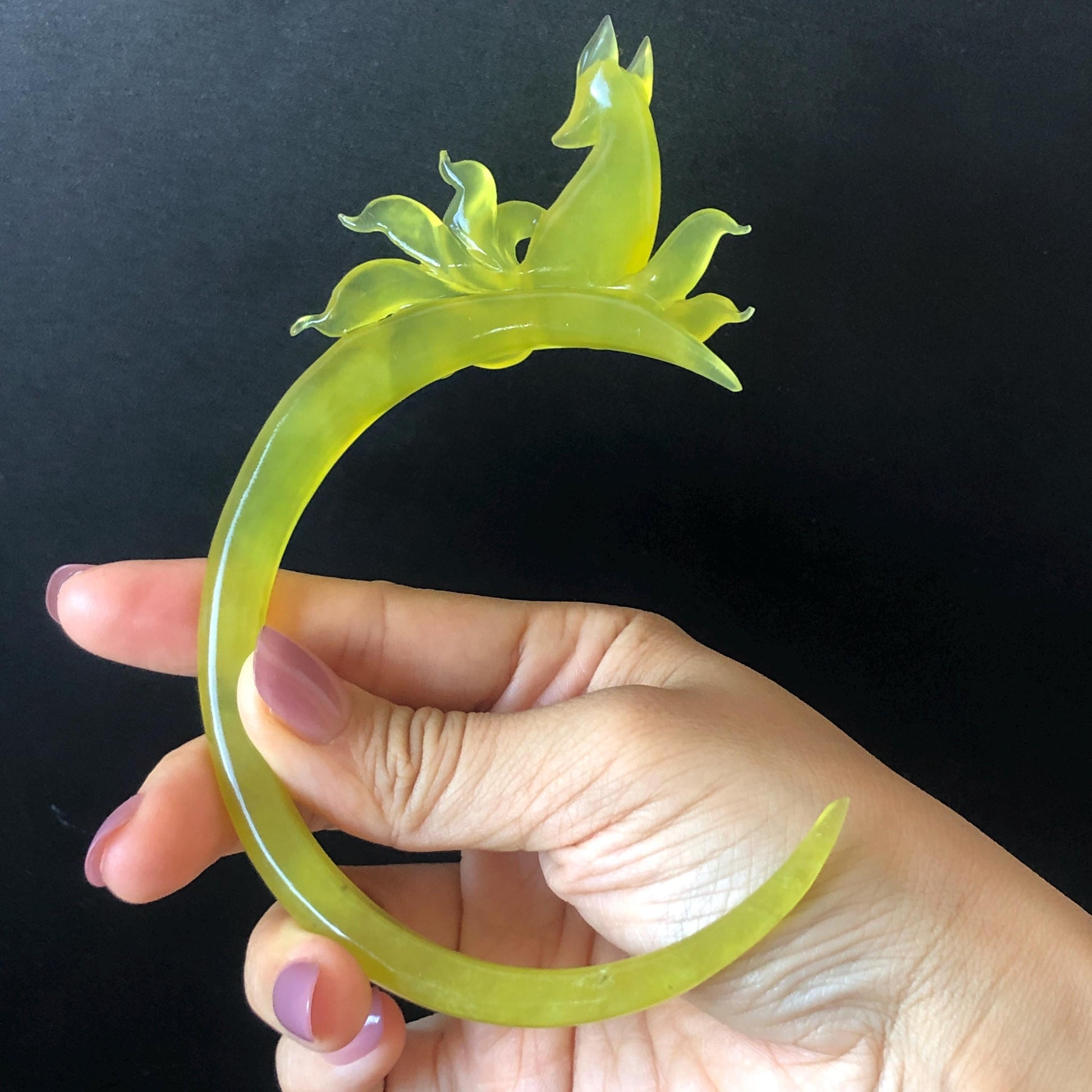 Certified Xiu Jade (Serpentine) Hand Carved Nine tailed fox Hair Pin | Golden Yellow Jade Crescent Moon Hair Stick | Asian Chinese Vintage hair clip Asian Chinese Jade hair comb japanese hairpins koran hair stick hanfu hair pin hair comb hair fork antique hair stick certified jade carving hand carved yellow jade hand engraved jade gift for her bridal shower hair clip wedding hair jewelry half moon hair pins handcrafted jade hair stick fox carving fox lover gift