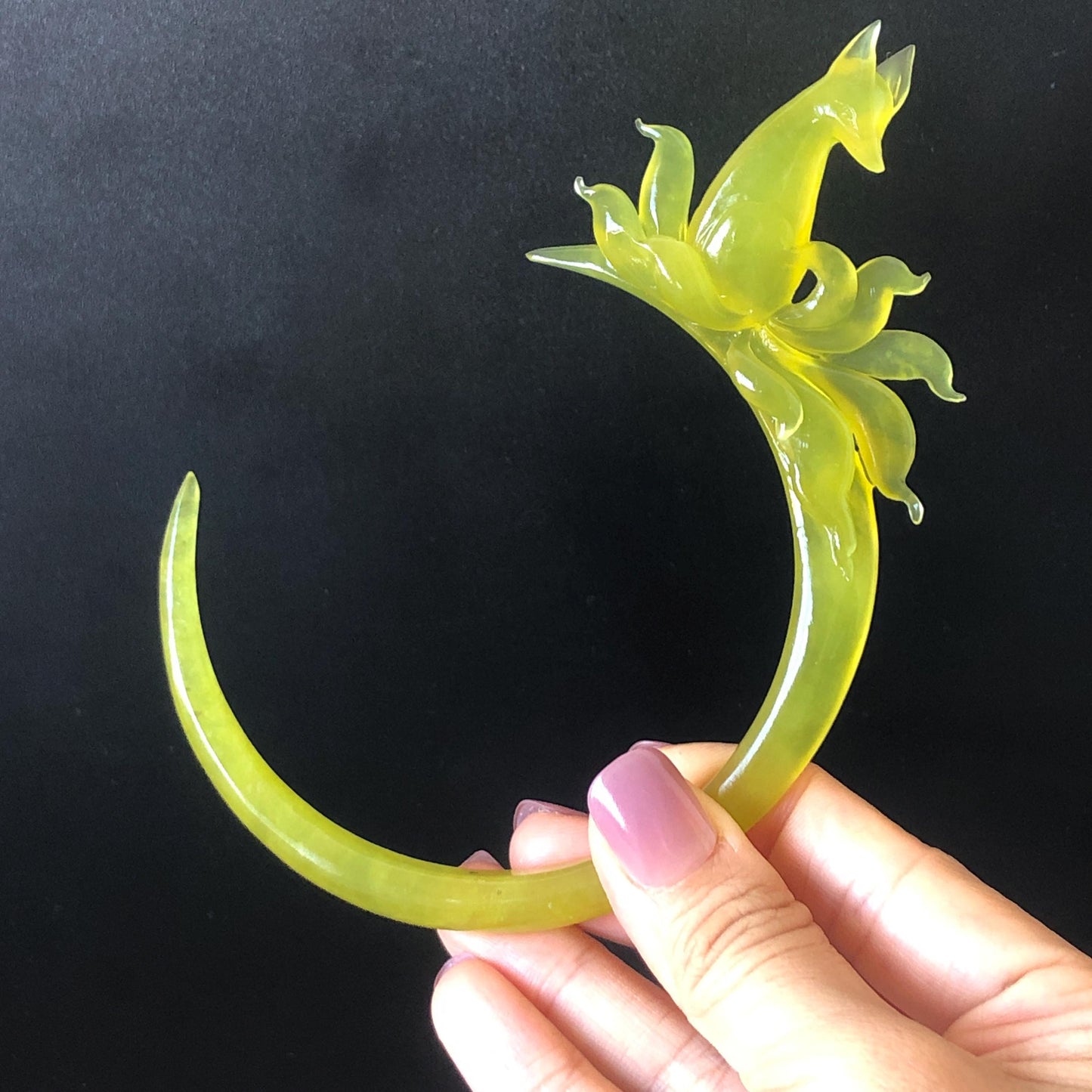 Certified Xiu Jade (Serpentine) Hand Carved Nine tailed fox Hair Pin | Golden Yellow Jade Crescent Moon Hair Stick | Asian Chinese Vintage hair clip Asian Chinese Jade hair comb japanese hairpins koran hair stick hanfu hair pin hair comb hair fork antique hair stick certified jade carving hand carved yellow jade hand engraved jade gift for her bridal shower hair clip wedding hair jewelry half moon hair pins handcrafted jade hair stick fox carving fox lover gift