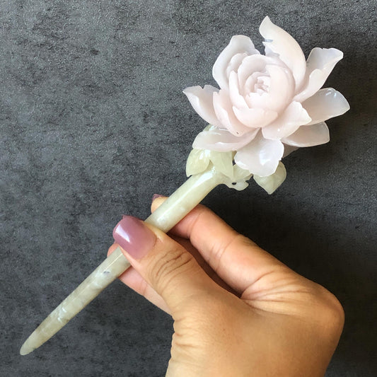 Natural Xiu Jade Serpentine Hand Carved Pink Peony Flower Hair Pin | Pink Jade Green Jade Handcrafted Hair Stick | Asian Vintage Hair Fork | Gift for her hand engraved peony carving flower carving pink jade green jade carving chinese hair fork japanese hair stick korean hair pin vintage hair comb bridal hair clip wedding headpiece bridal shower gift hairpins 3D carving natural untreated jade engagement hair jewelry handcrafted jade antique jade hair stick