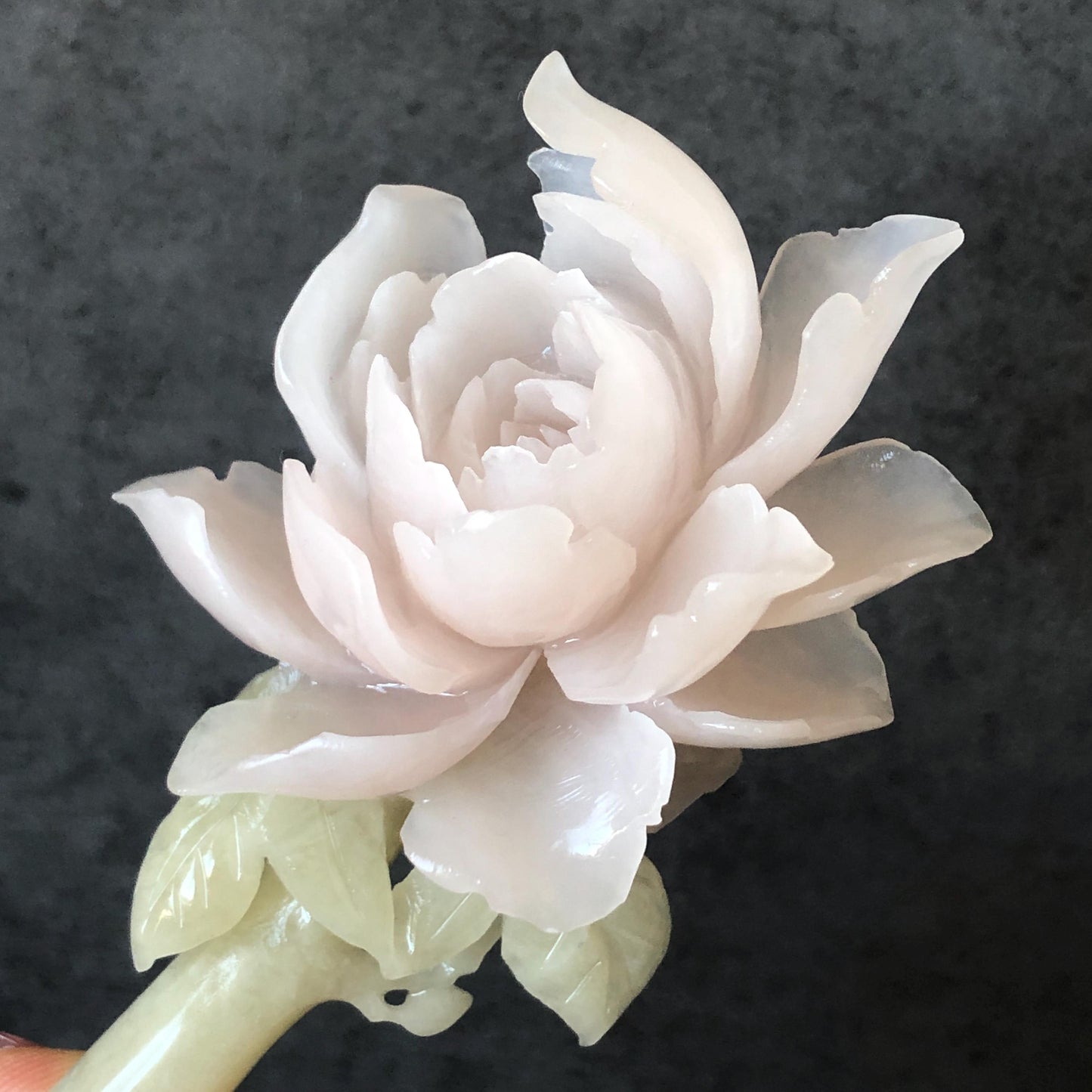 Natural Xiu Jade Serpentine Hand Carved Pink Peony Flower Hair Pin | Pink Jade Green Jade Handcrafted Hair Stick | Asian Vintage Hair Fork | Gift for her hand engraved peony carving flower carving pink jade green jade carving chinese hair fork japanese hair stick korean hair pin vintage hair comb bridal hair clip wedding headpiece bridal shower gift hairpins 3D carving natural untreated jade engagement hair jewelry handcrafted jade antique jade hair stick