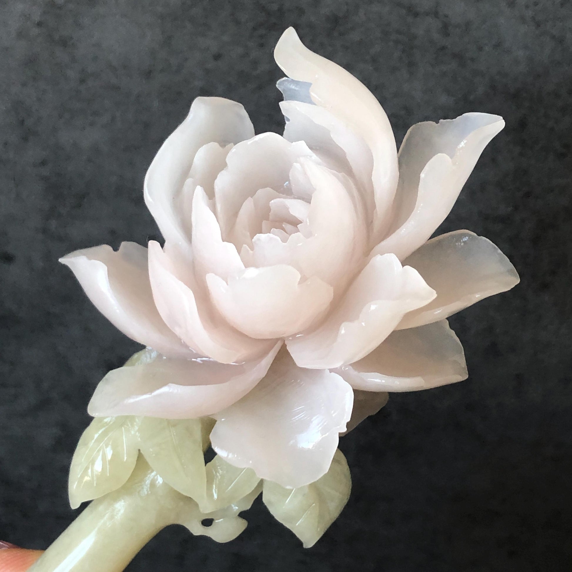 Natural Xiu Jade Serpentine Hand Carved Pink Peony Flower Hair Pin | Pink Jade Green Jade Handcrafted Hair Stick | Asian Vintage Hair Fork | Gift for her hand engraved peony carving flower carving pink jade green jade carving chinese hair fork japanese hair stick korean hair pin vintage hair comb bridal hair clip wedding headpiece bridal shower gift hairpins 3D carving natural untreated jade engagement hair jewelry handcrafted jade antique jade hair stick