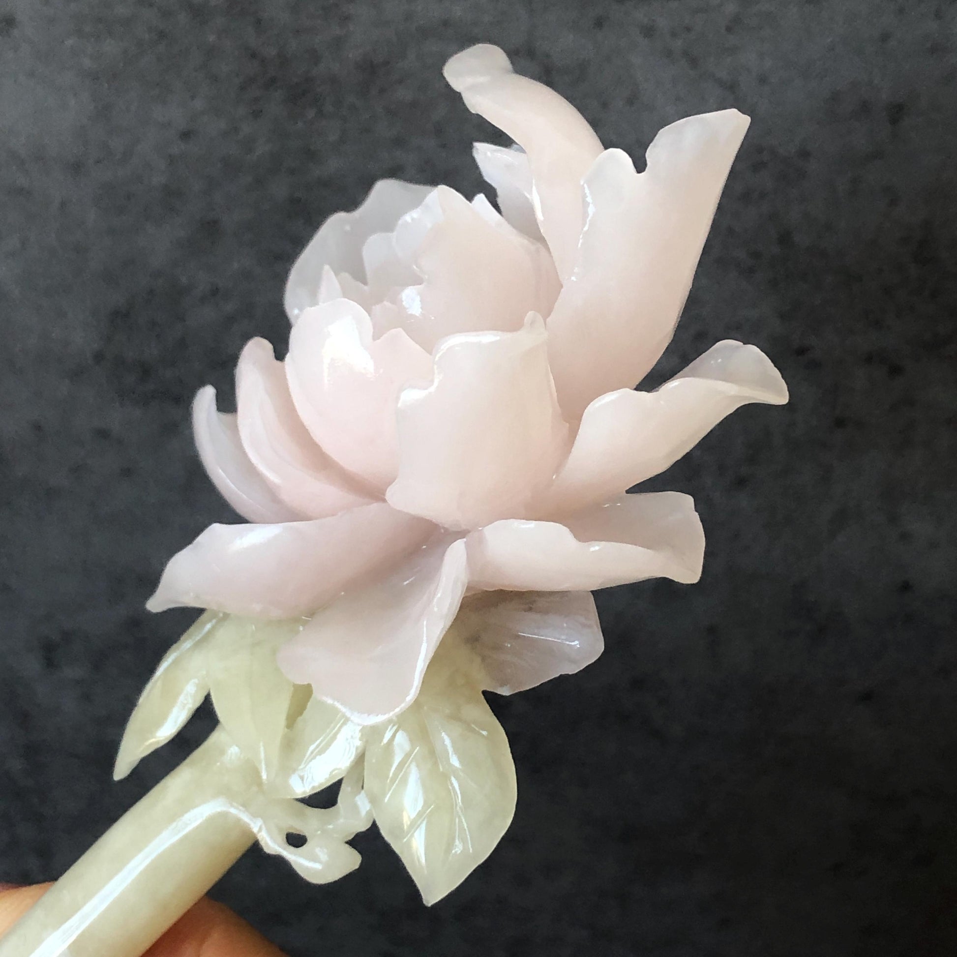 Natural Xiu Jade Serpentine Hand Carved Pink Peony Flower Hair Pin | Pink Jade Green Jade Handcrafted Hair Stick | Asian Vintage Hair Fork | Gift for her hand engraved peony carving flower carving pink jade green jade carving chinese hair fork japanese hair stick korean hair pin vintage hair comb bridal hair clip wedding headpiece bridal shower gift hairpins 3D carving natural untreated jade engagement hair jewelry handcrafted jade antique jade hair stick