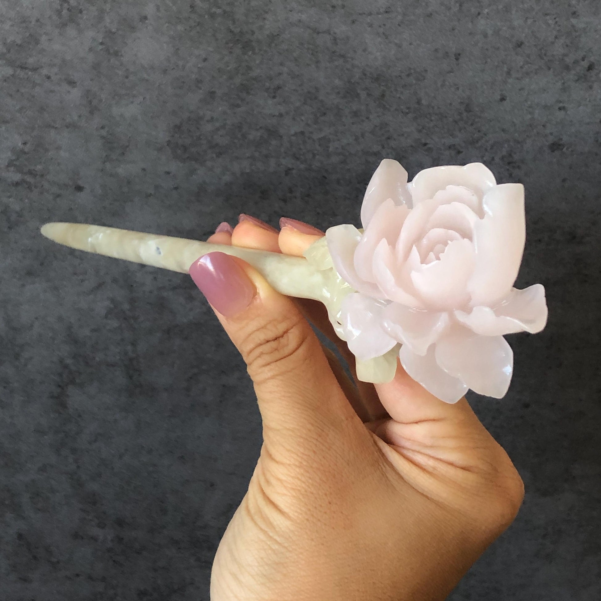 Natural Xiu Jade Serpentine Hand Carved Pink Peony Flower Hair Pin | Pink Jade Green Jade Handcrafted Hair Stick | Asian Vintage Hair Fork | Gift for her hand engraved peony carving flower carving pink jade green jade carving chinese hair fork japanese hair stick korean hair pin vintage hair comb bridal hair clip wedding headpiece bridal shower gift hairpins 3D carving natural untreated jade engagement hair jewelry handcrafted jade antique jade hair stick