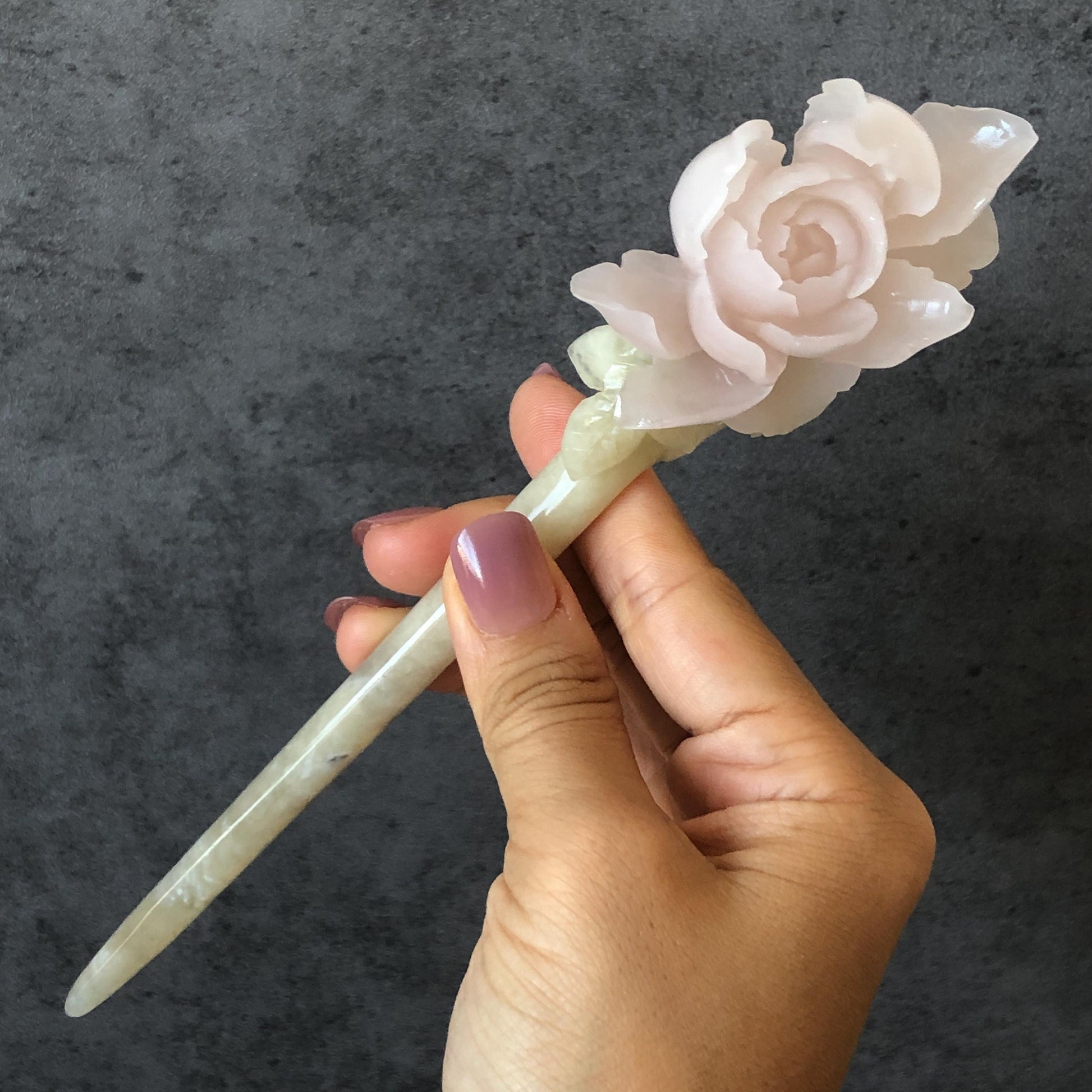 Natural Xiu Jade Serpentine Hand Carved Pink Peony Flower Hair Pin | Pink Jade Green Jade Handcrafted Hair Stick | Asian Vintage Hair Fork | Gift for her hand engraved peony carving flower carving pink jade green jade carving chinese hair fork japanese hair stick korean hair pin vintage hair comb bridal hair clip wedding headpiece bridal shower gift hairpins 3D carving natural untreated jade engagement hair jewelry handcrafted jade antique jade hair stick