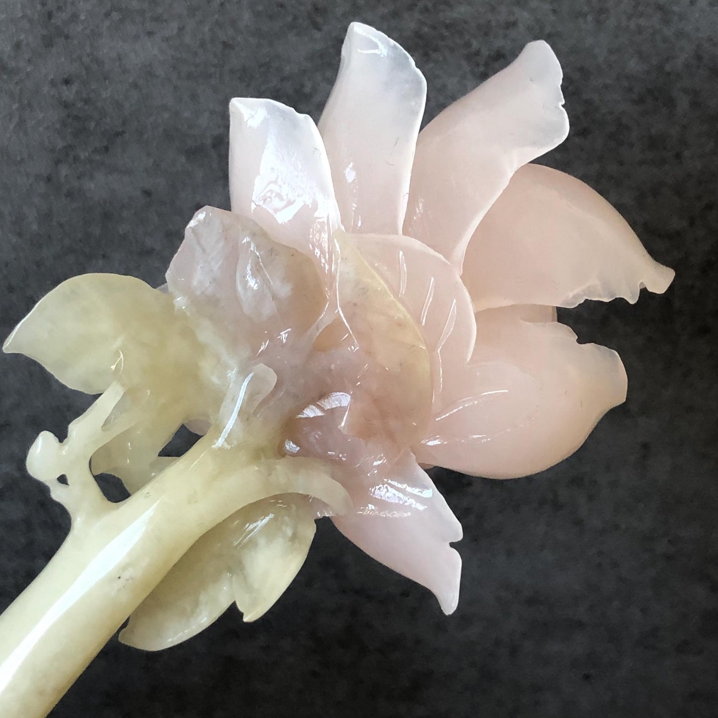 Natural Xiu Jade Serpentine Hand Carved Pink Peony Flower Hair Pin | Pink Jade Green Jade Handcrafted Hair Stick | Asian Vintage Hair Fork | Gift for her hand engraved peony carving flower carving pink jade green jade carving chinese hair fork japanese hair stick korean hair pin vintage hair comb bridal hair clip wedding headpiece bridal shower gift hairpins 3D carving natural untreated jade engagement hair jewelry handcrafted jade antique jade hair stick