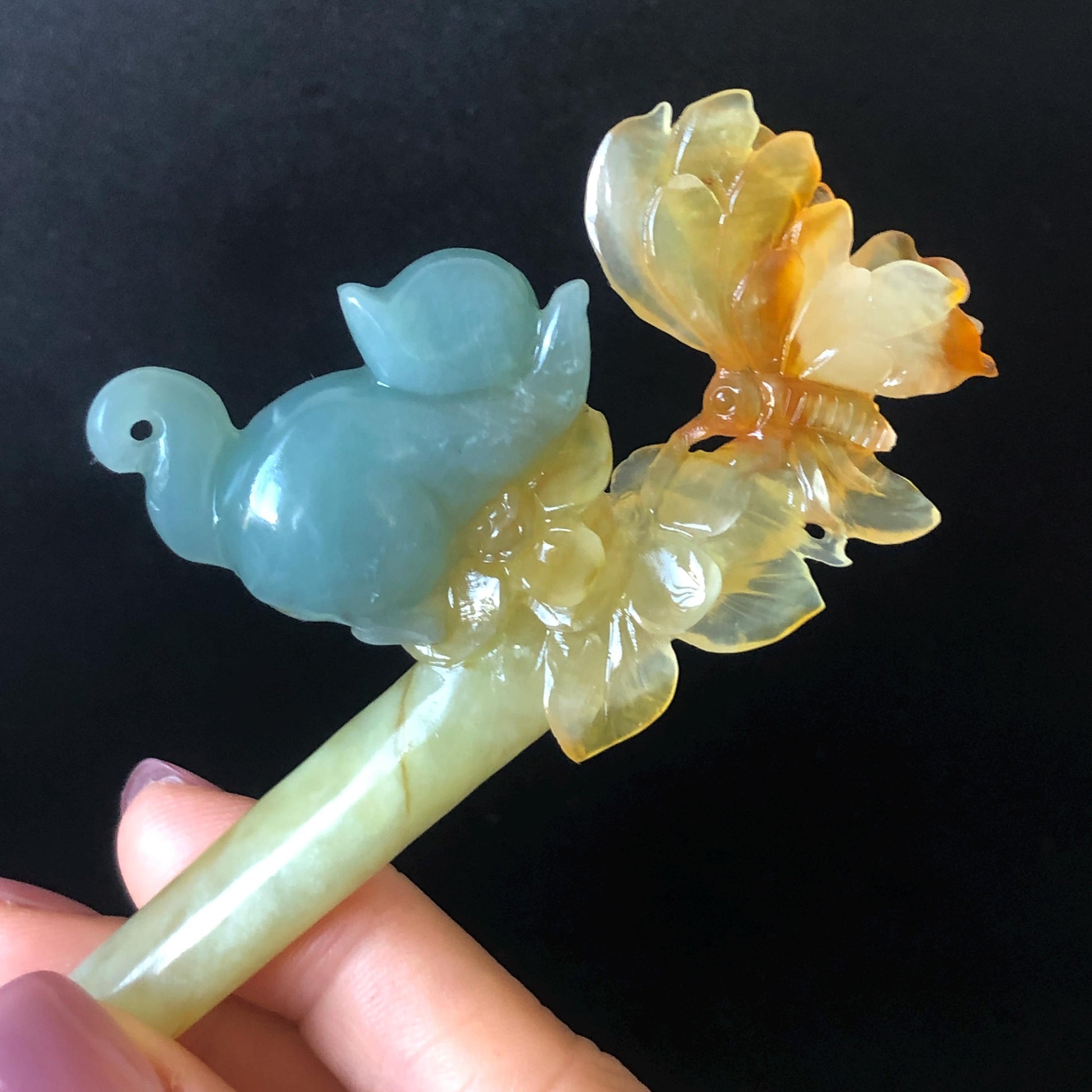 Xiu Jade Serpentine Hand Carved Cat Kitten with Butterfly Hair Pin | Natural Certified Yellow & Blue Jade Handcrafted Flower Hair Stick | Cat Lover Gift for her blue jade yellow jade brown jade carving frosty blue jade sky blue jade cat carving kitten carving hand engraved cat hair stick hand carved kitten hairpins japanese hair clip korean hair fork vintage hair comb hanfu hair pins untreated jade with certificate butterfly carving butterfly hair stick flower carving 3D stone carving