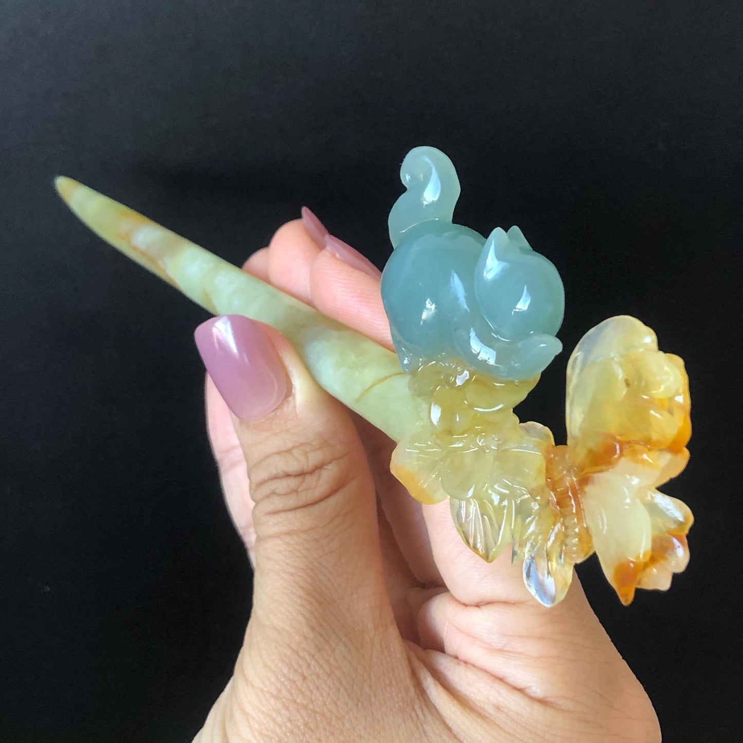 Xiu Jade Serpentine Hand Carved Cat Kitten with Butterfly Hair Pin | Natural Certified Yellow & Blue Jade Handcrafted Flower Hair Stick | Cat Lover Gift for her blue jade yellow jade brown jade carving frosty blue jade sky blue jade cat carving kitten carving hand engraved cat hair stick hand carved kitten hairpins japanese hair clip korean hair fork vintage hair comb hanfu hair pins untreated jade with certificate butterfly carving butterfly hair stick flower carving 3D stone carving
